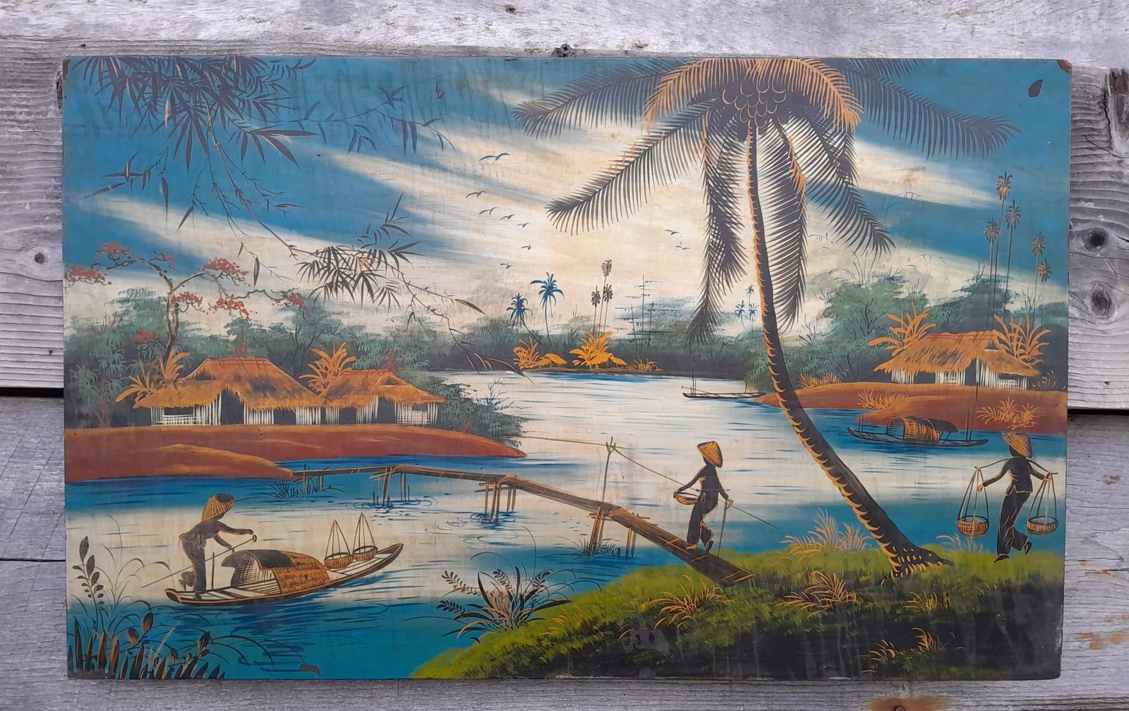 32" Hand Painted Vietnamese Fishing Village Oil on Board Painting: Some age to the materials, richly hued, 32" x 19 1/4".