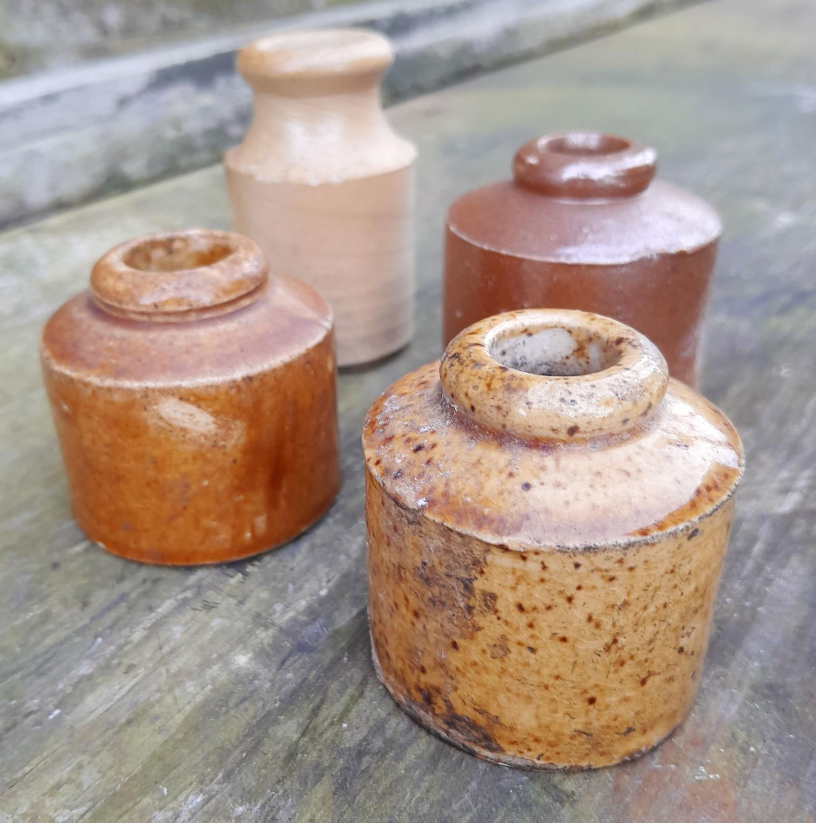 4 Early Stoneware Glazed Pottery Ink Pots: 1 3/4" to 2 1/2", fantastic glazes and hues.