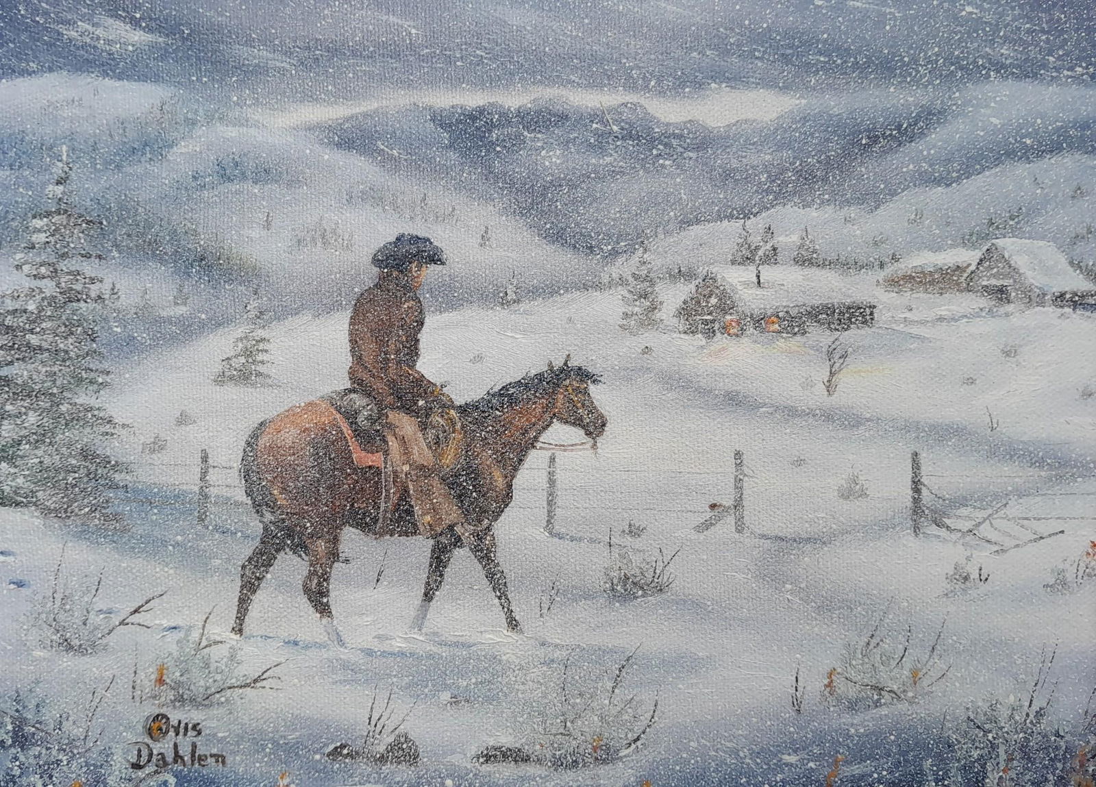 Oris Dahlen Wild West Winter Cowboy on Horseback Oil Painting, Signed Original: Quality dimensional wood frame, linen mat, 17 1/2" x 15 1/2".