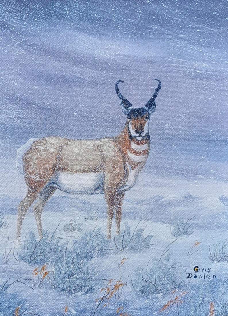 Oris Dahlen Western Winter Pronged Antelope Oil Painting, Signed Original: Quality dimensional wood frame, linen mat, 17" x 15".