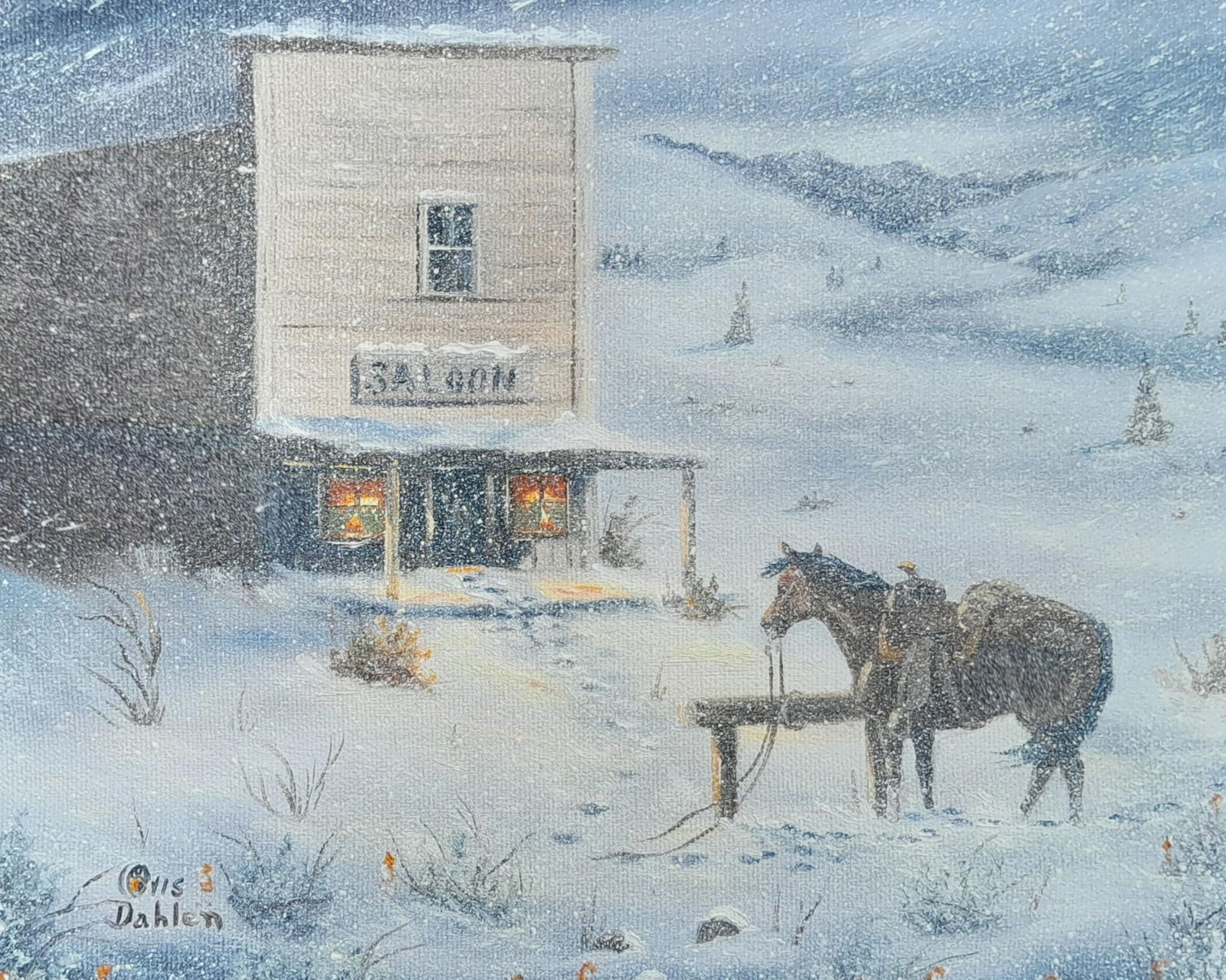 Oris Dahlen Wild West Winter Saloon Oil Painting, Signed Original: Professional wood framing, linen mat, 17 1/2" x 15 1/4".