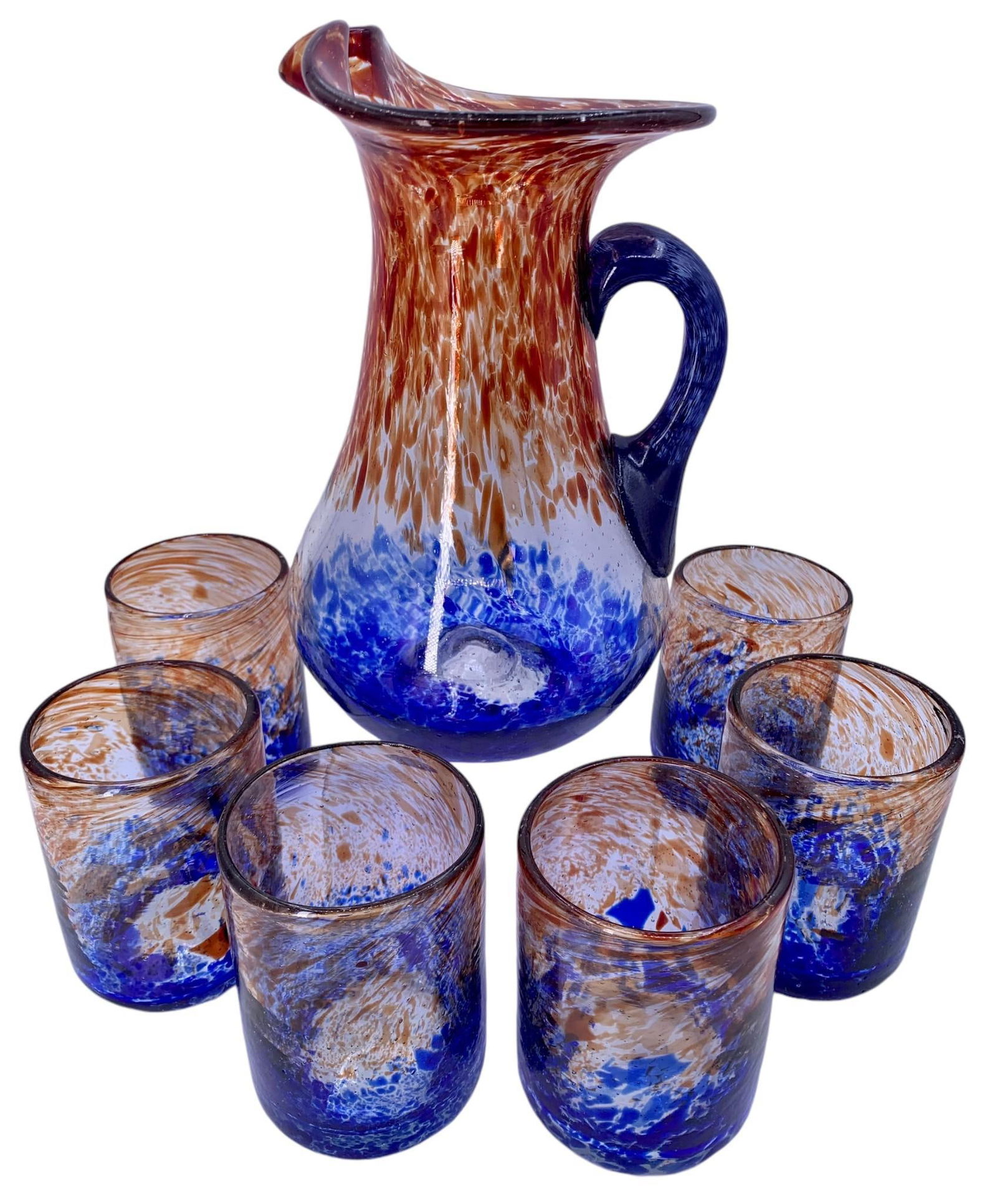 Outstanding Handmade Art Glass Cobalt & Spice Speckled Pitcher & 6 Tumbler Glass Drink Set: Mouth blown with distinct pontils, each unique and hand crafted, applied handle to the pitcher, 4 3/8" x 3" to 4" x 3" glasses, large 10" x 6" pitcher, no structural issues.