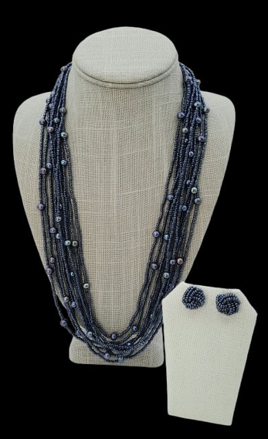 10 Strand 5mm Peacock Pearls & Steel Glass Seed Bead Necklace with Earrings (1 of 8)