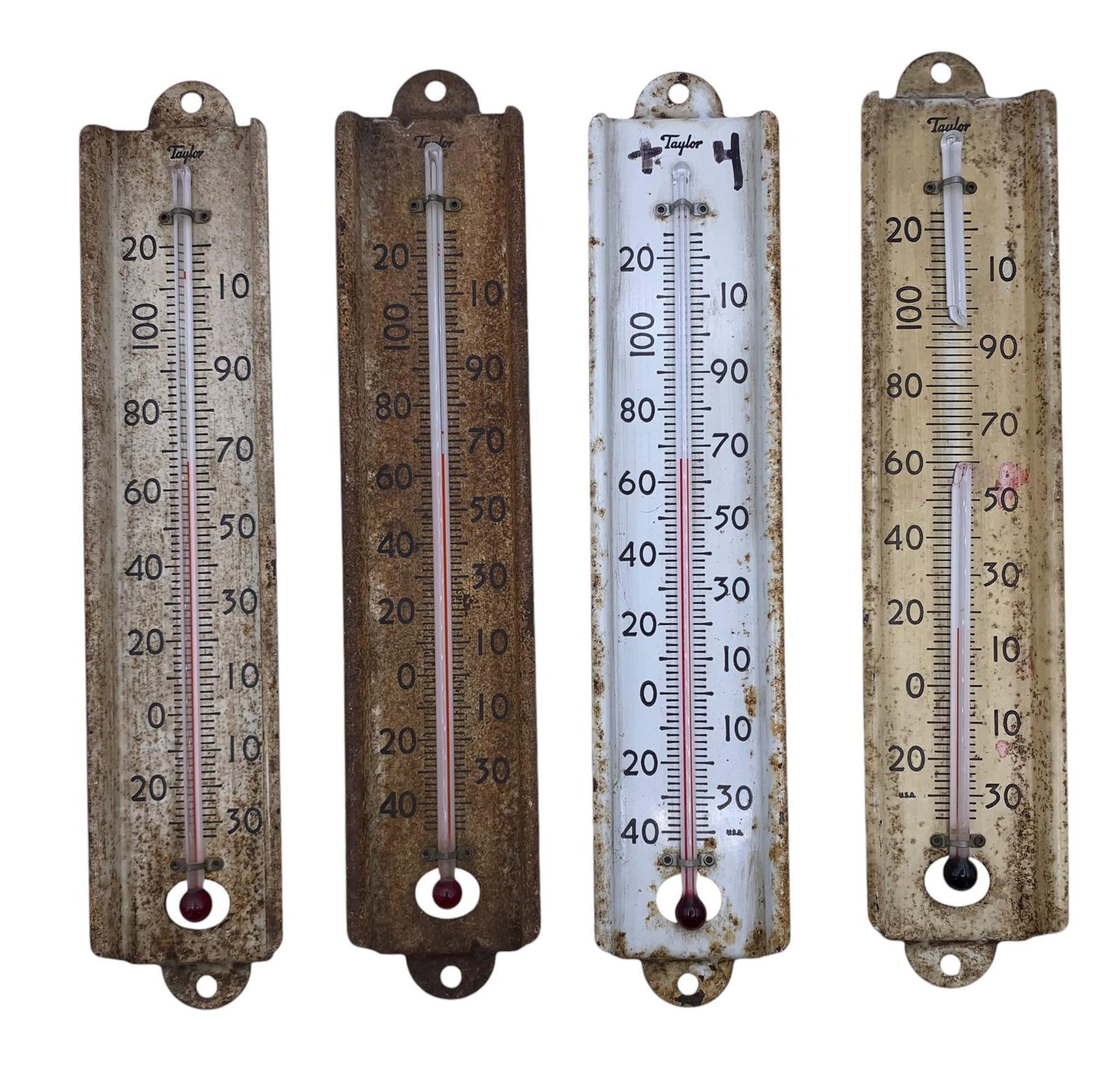4 Early TAYLOR Metal Thermometers: 13" x 2 3/4", one broken glass as shown, light oxidation to the metal.