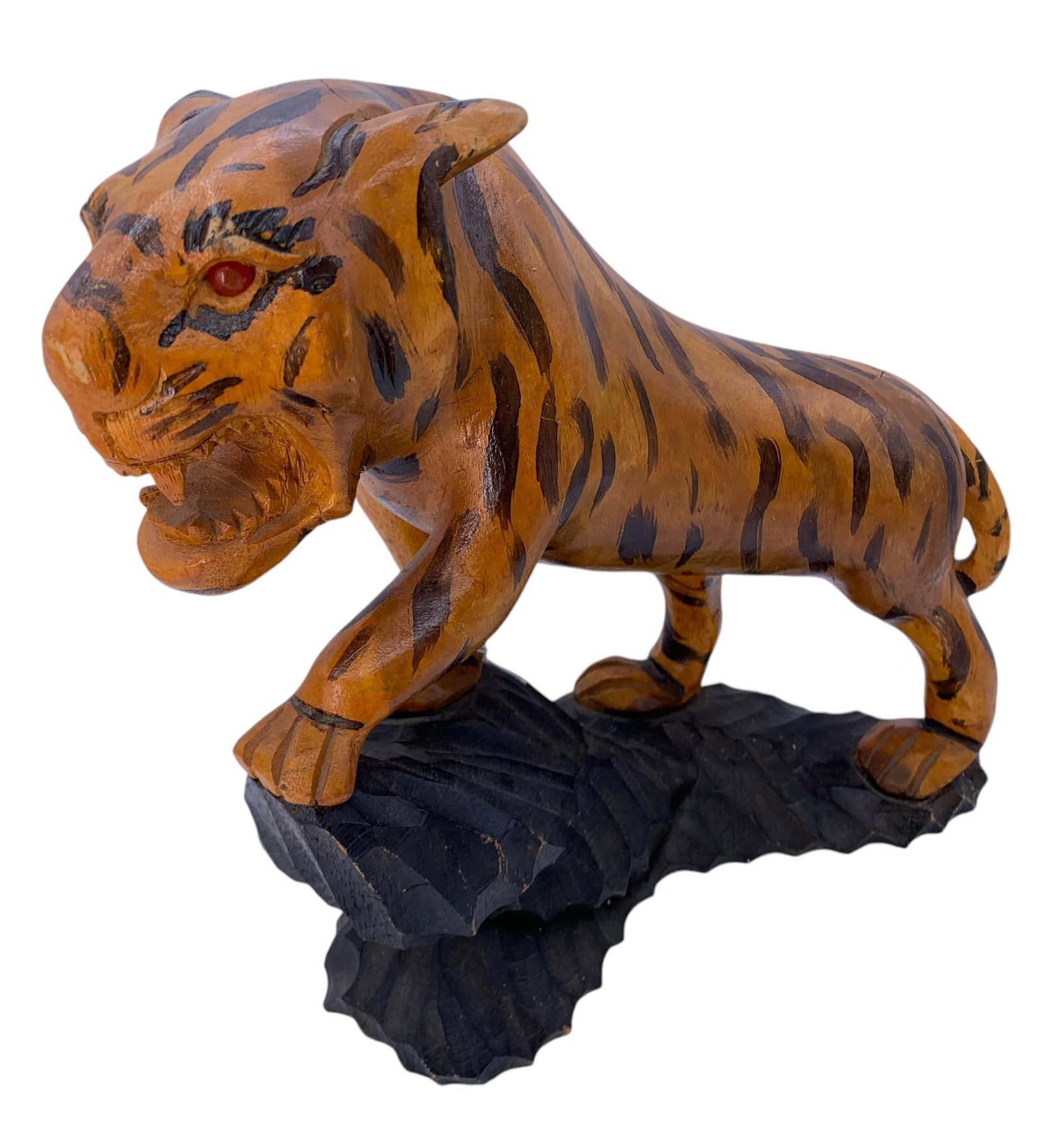 12" Hand Carved Wood Vintage Roaring Asian Tiger Sculpture: 12" x 13" x 4 1/2", inking on the underside of the base, structurally sound.