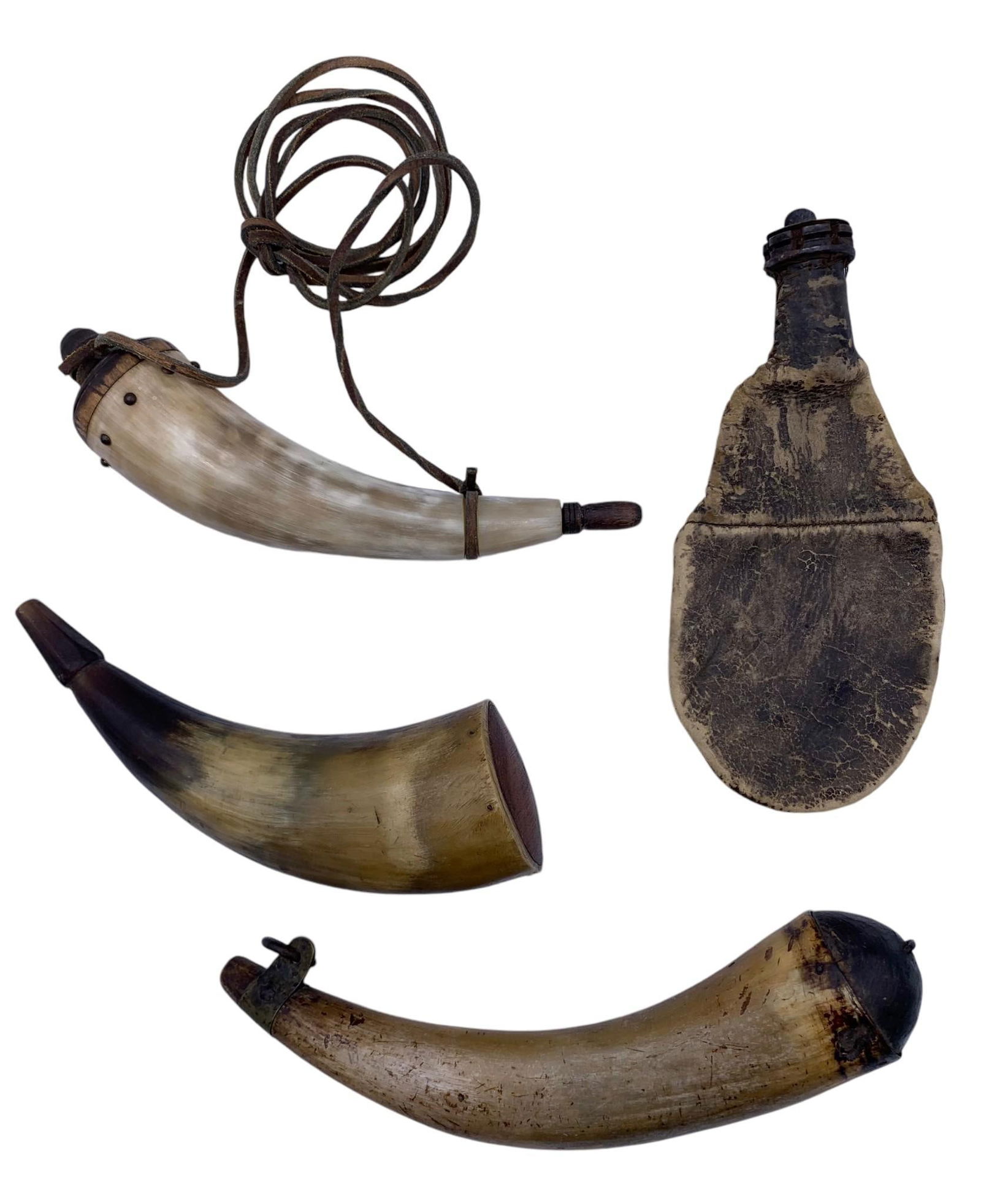 4 pc Huntsman Black Powder Hunting Horns & Leather Powder Pouch (1 of 8)