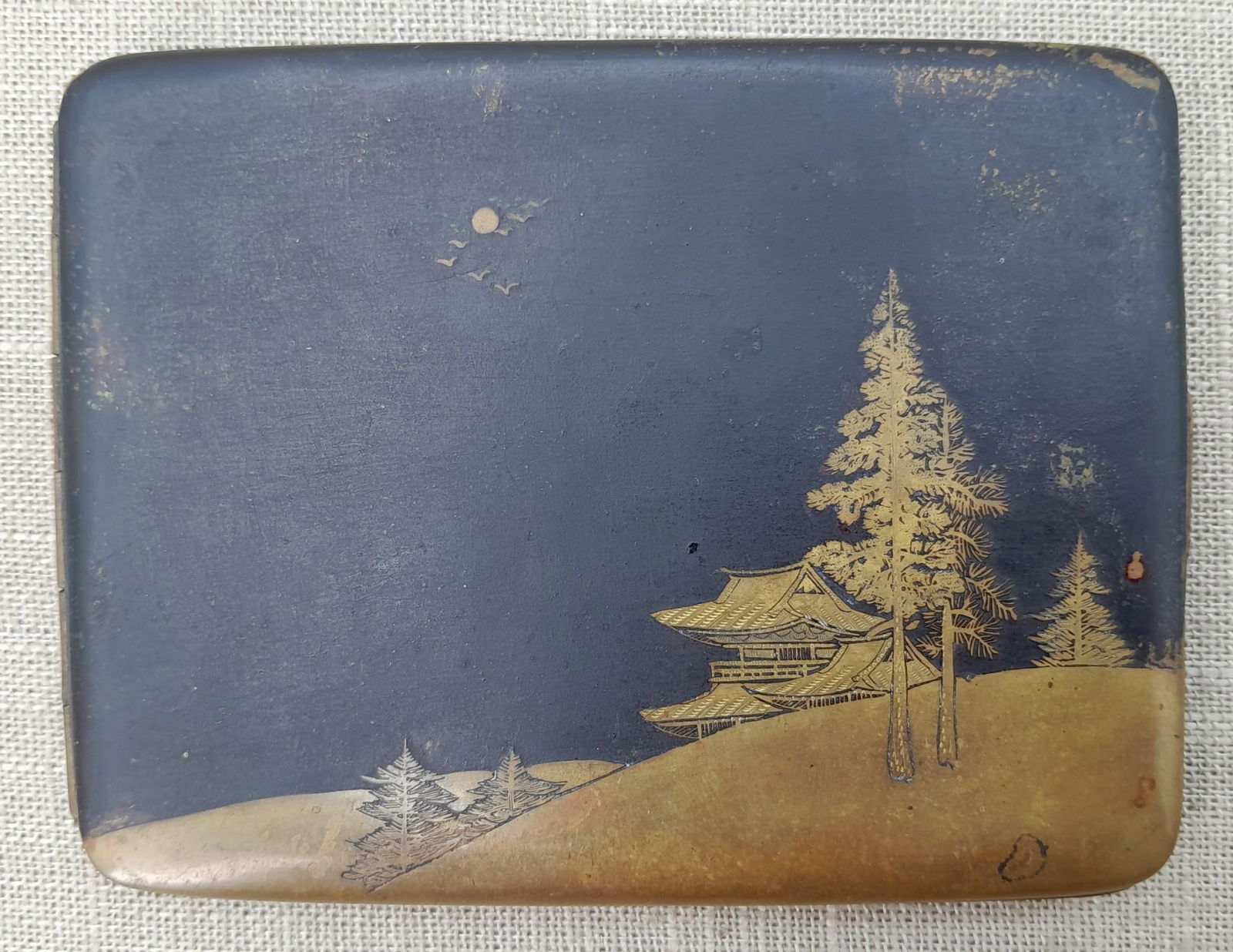 Early Etched Brass Japanese Cigarette Case, Artist Signed (1 of 6)