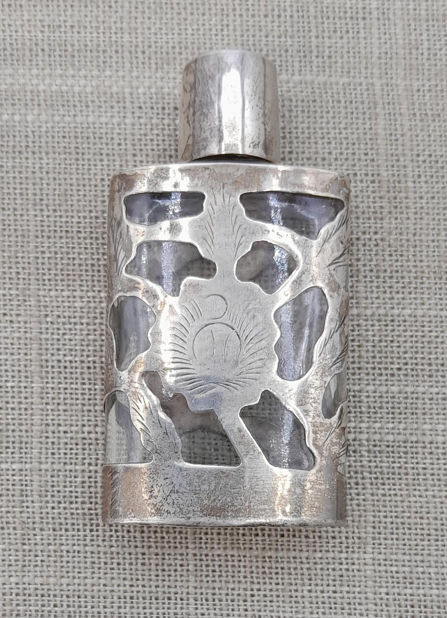 Miniature Sterling Cased Glass Liquor Decanter: 2 3/8" x 1 3/8" x 1/2", faint hallmark on base, original cap.