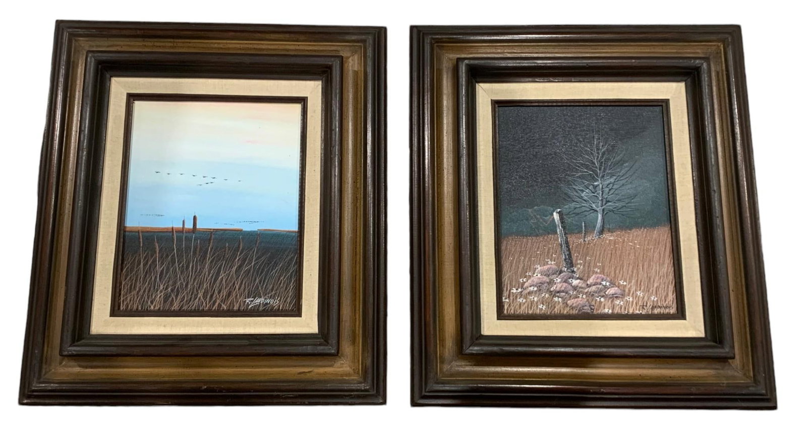 2 Signed R. Lardinios Landscape Oil on Canvas Paintings: Each 17 1/2" x 15 3/4" x 2 1/2", linen mat, dimensional wood frame, signed.