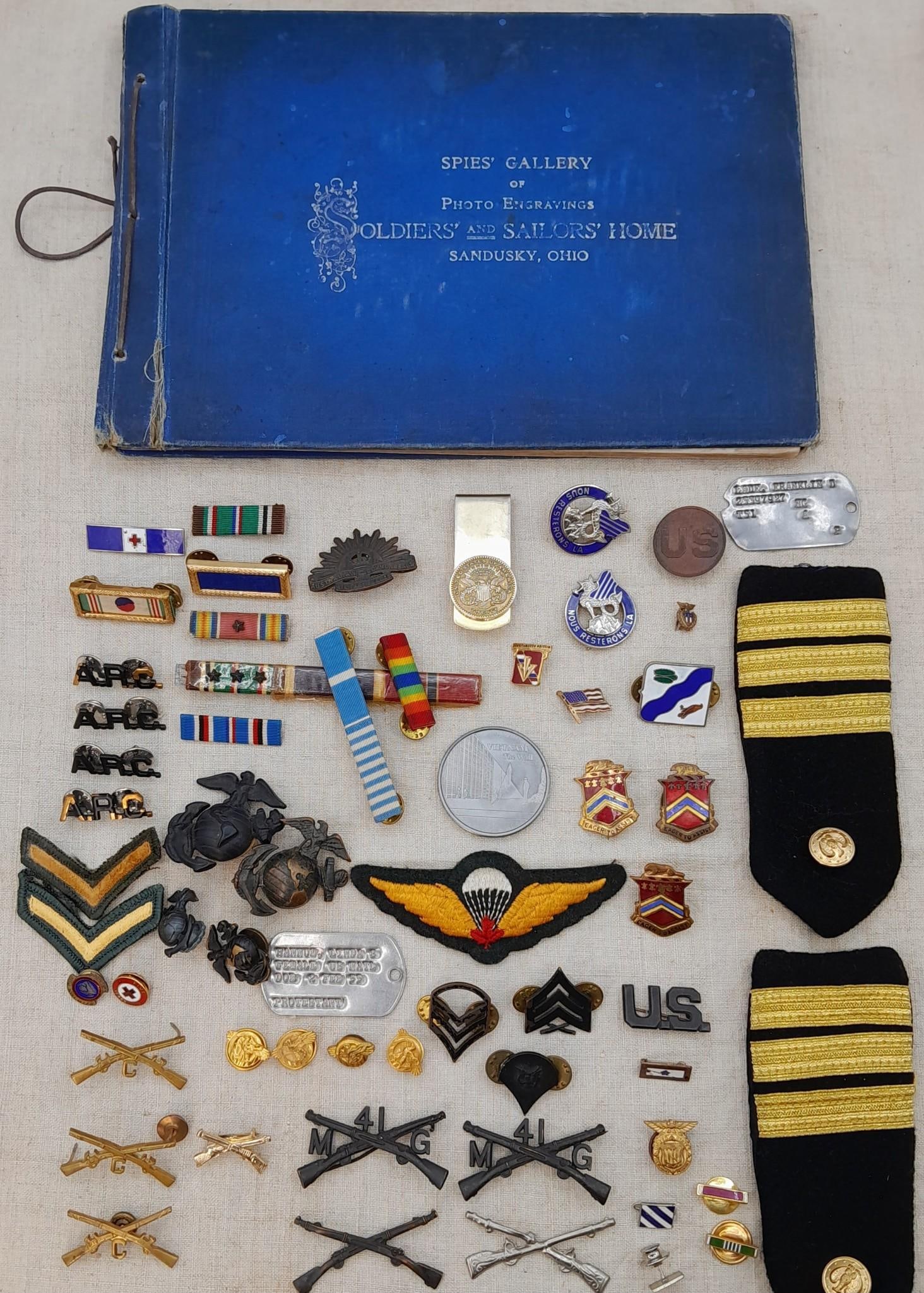 1902 Soldiers' & Sailors' Home Sandusky Oh Book & 61 Military Pins, Accessories: Antique to vintage pieces, some pins marked sterling.