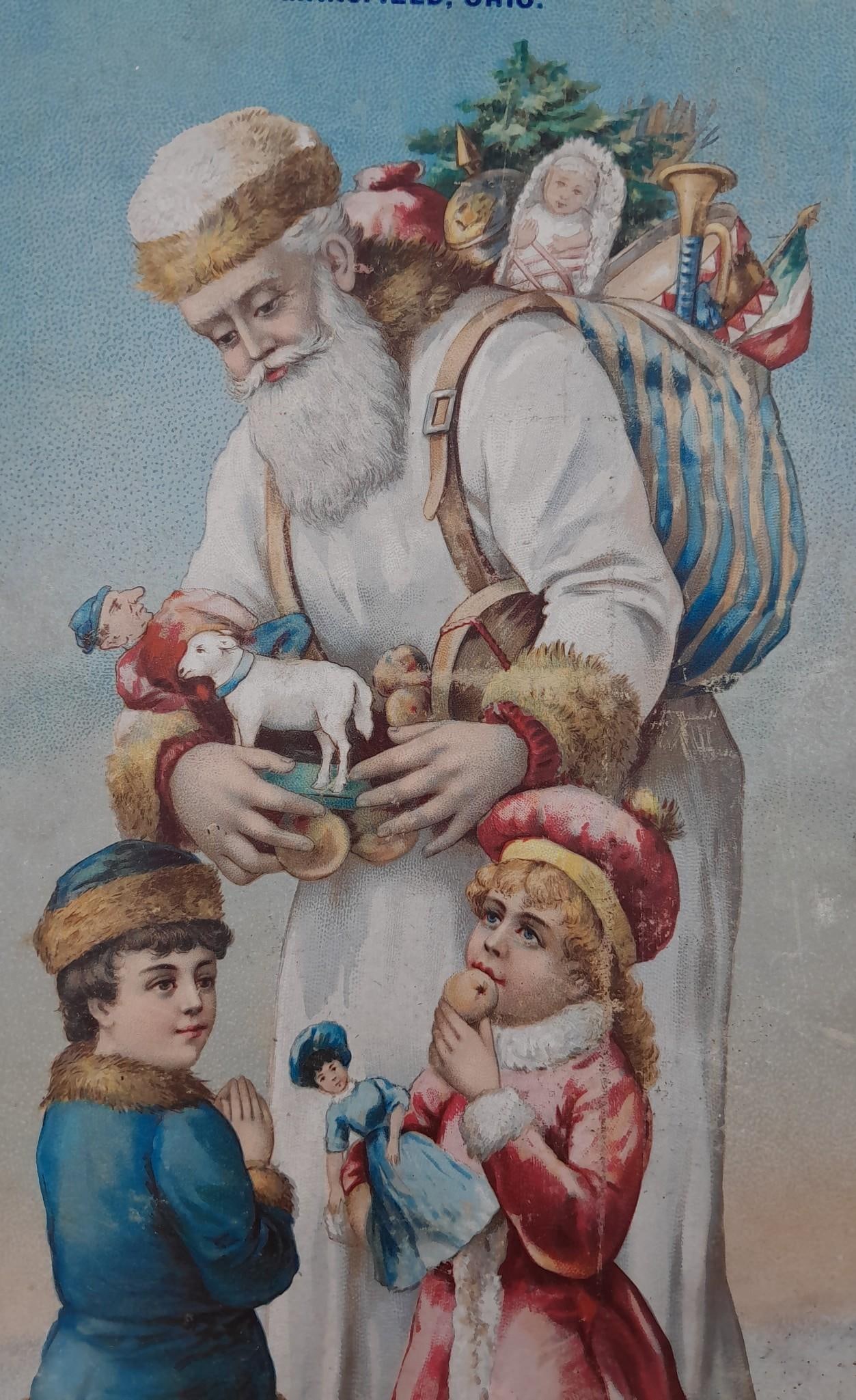 Huge 14" Antique Belsnickel SARICA Coffee Tracy & Avery Mansfield Ohio Advertising Holiday Display: Huge 14" x 8" size, openwork detail along the edge, die cut and embossed, beautiful coloring, old paper scrap on the rear.
