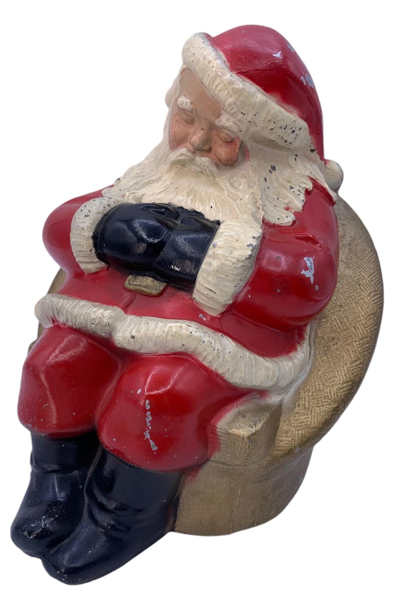 1950s Cast Metal Home Federal Savings Sleeping Santa Coin Bank: 7" x 7" x 6", hand writing on the underside, some wear to the paint, structurally sound.