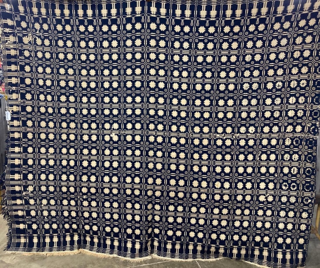 Blue and White Summer Coverlet: Thinning and several tiny hole show, mainly along edges. Fringe loss, 73x88