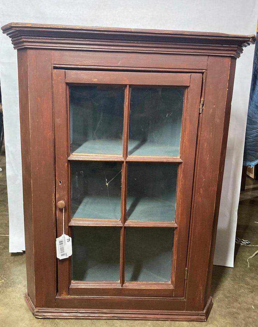 Small 6 panel hanging corner cabinet: Does have 1 cracked glass panel in door. 25.5in wide 14.5in deep both at top 32in tall.