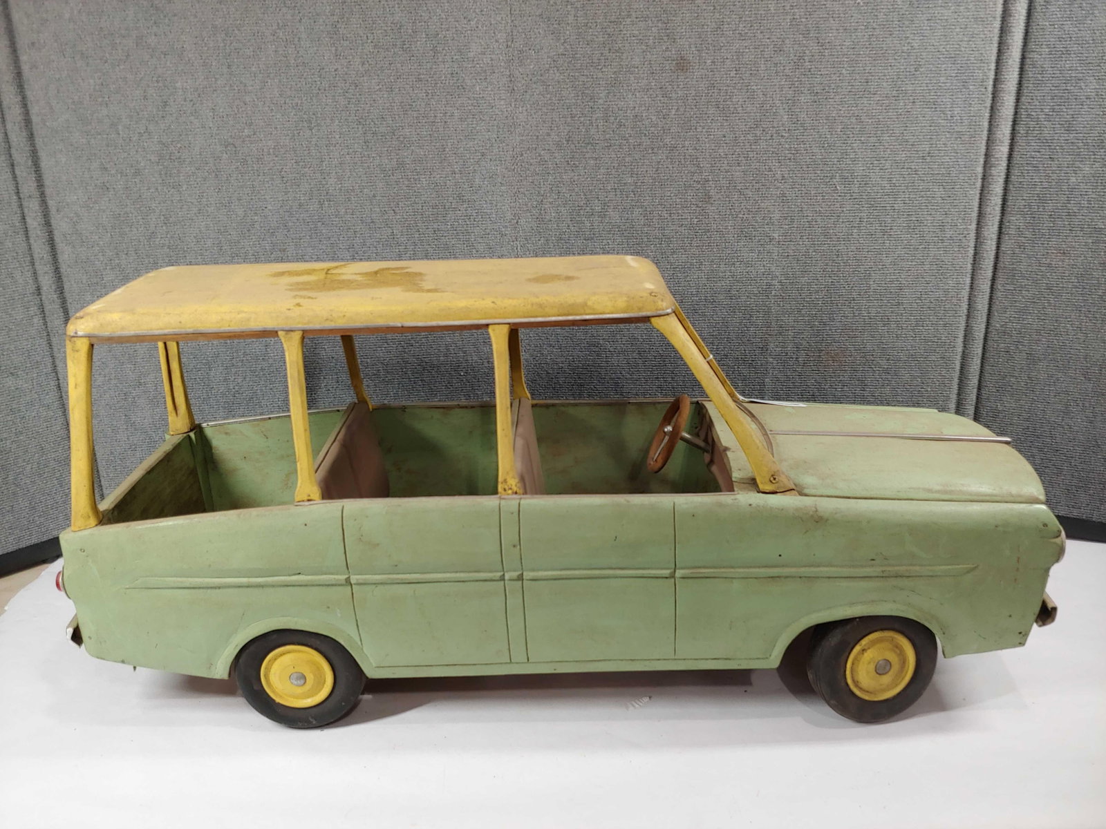 1940s Folk Art wooden Panel Wagon: All wooden panel wagon with exception of lights, bumpers and grill. Only one ever made by a gentleman from Coshocton, Ohio in the 40s. A few of the top posts have cracks at bottom but has a great look
