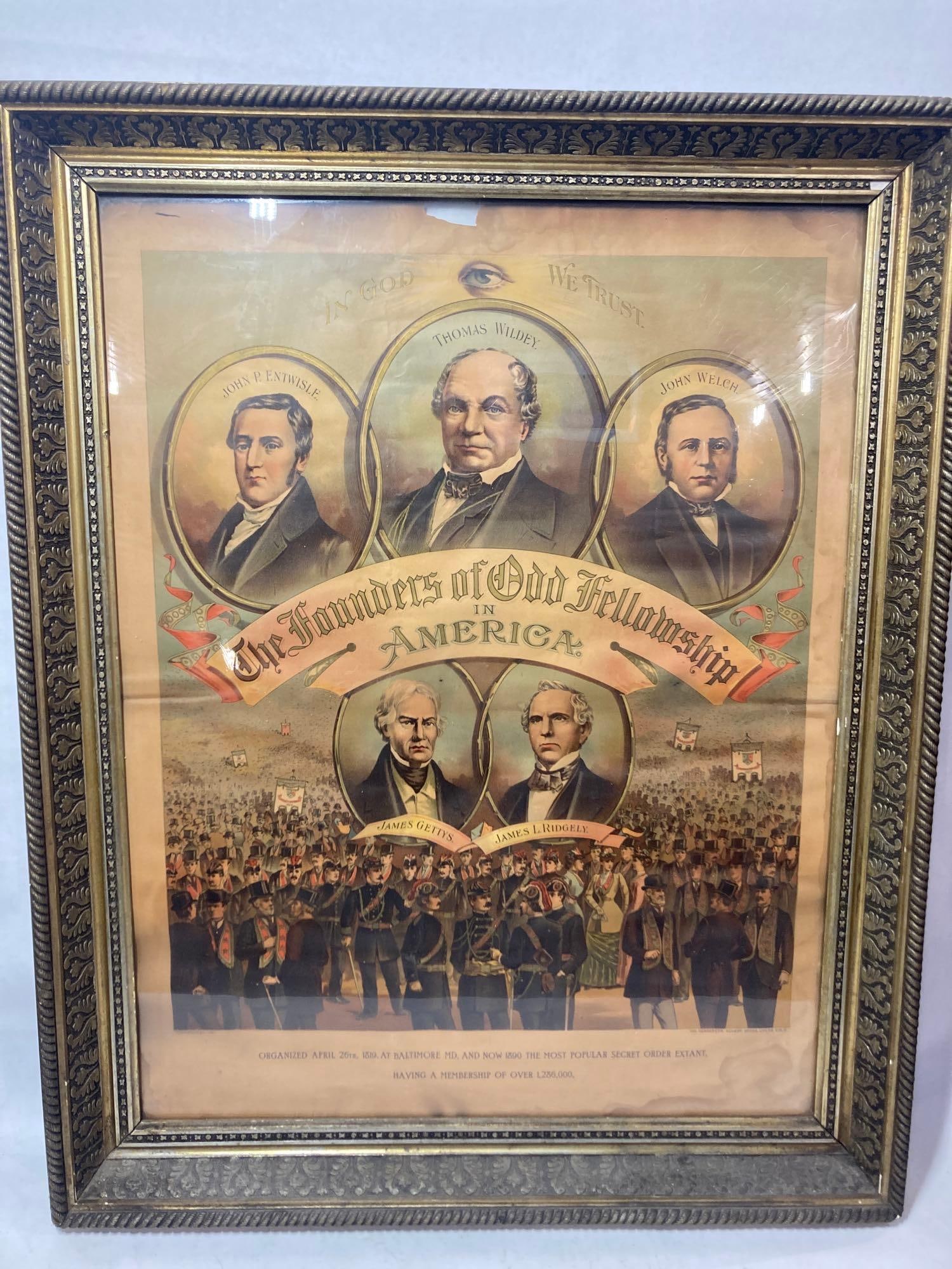 The Founders of Odd Fellowship in America paper litho: Framed paper lithograph with a tear at very top and shows some soiling or Browning in areas mostly along edges. Excellent graphics!! Is marked The Henderson, Achert, Krebs Litho Co. Cincinnati, O. Fra