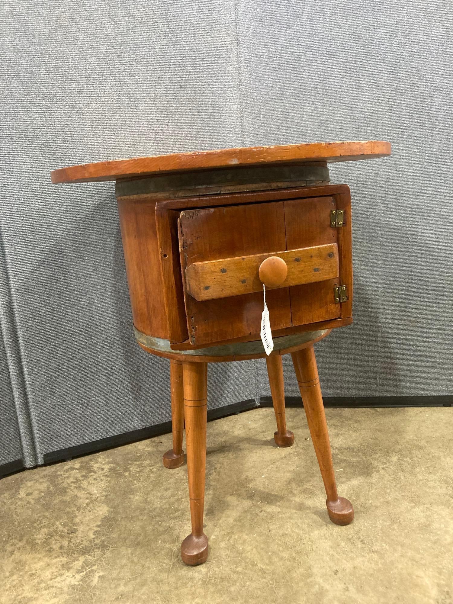 Rustic Reclaimed Churn Side Table: Old fashioned butter churn fashioned to a table. One cool hand carved legs, this table is 23 inches in diameter x 26 inches tall