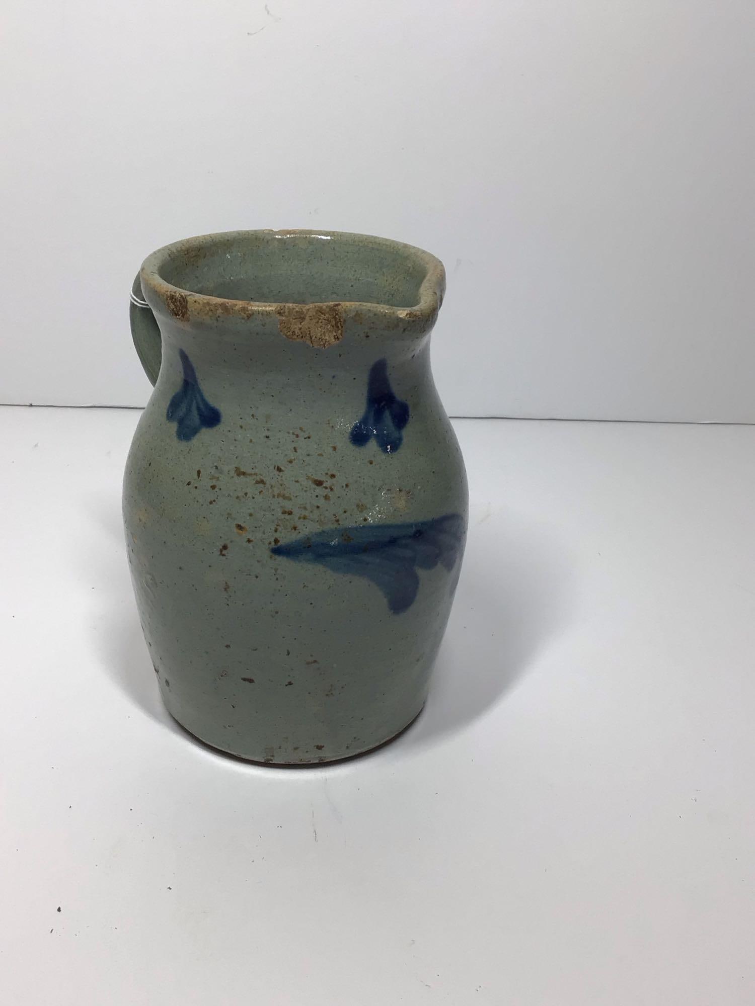 Small salt glazed stoneware pitcher w/ Cobalt design (1 of 6)