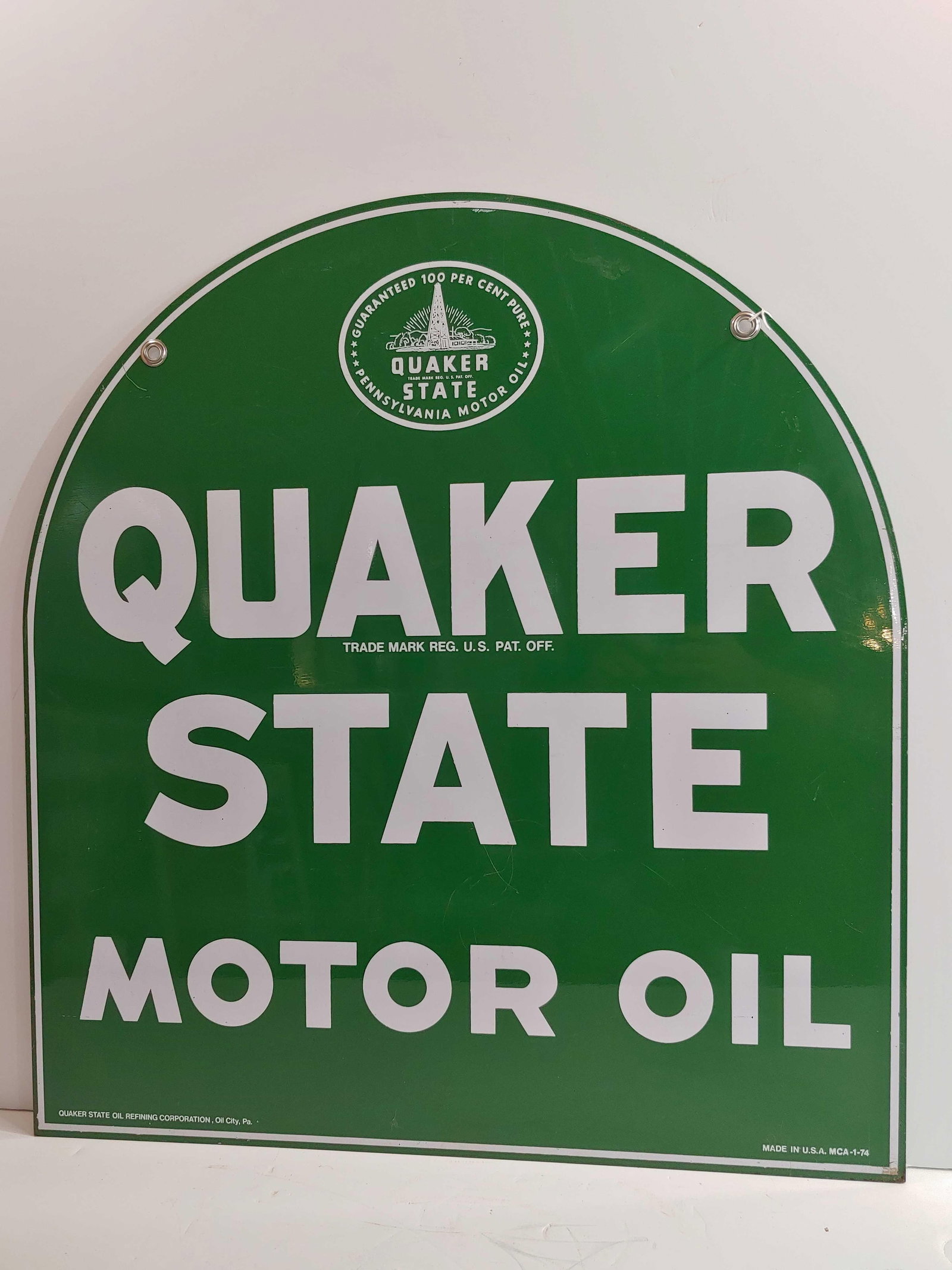 1974 DST Quaker State Motor Oil Tombstone sign (1 of 9)