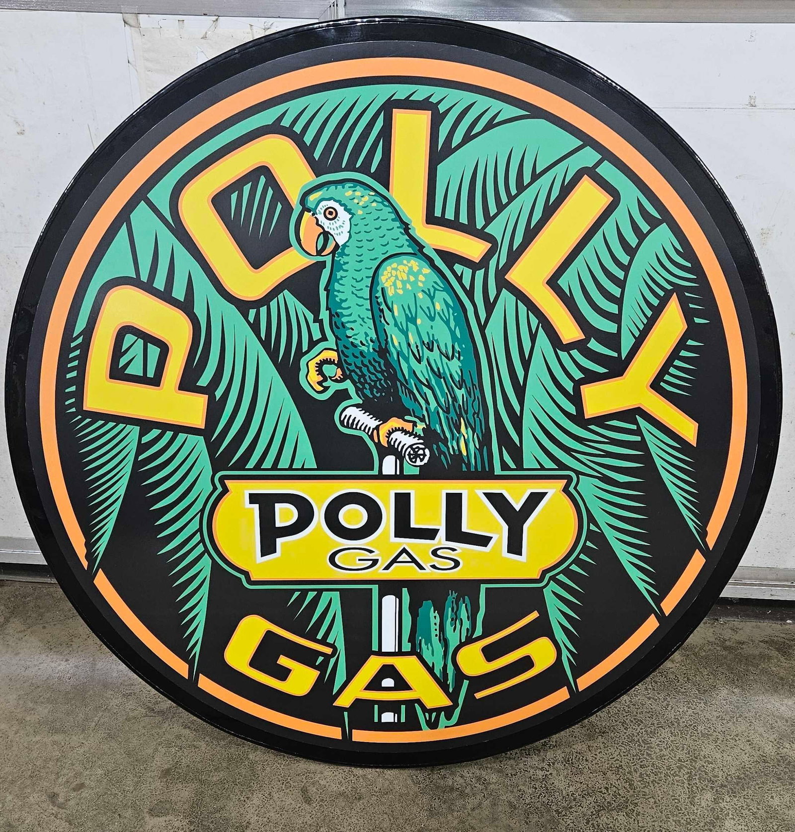 Newer made Polly Gas sign with decal: New Metal can with Polly Gas decal. Is not a lighted sign.