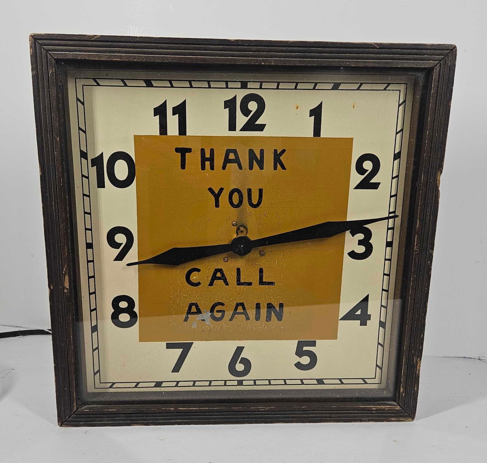 Thank You Call Again wood framed clock: Center brown are hand-painted graphics over 7up logo. Clock does not run. 15.5in x 15.5in.