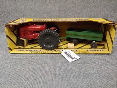 VINTAGE SLIK TOY FARM IMPLEMENTS TOY TRACTOR AND BOX WAGON