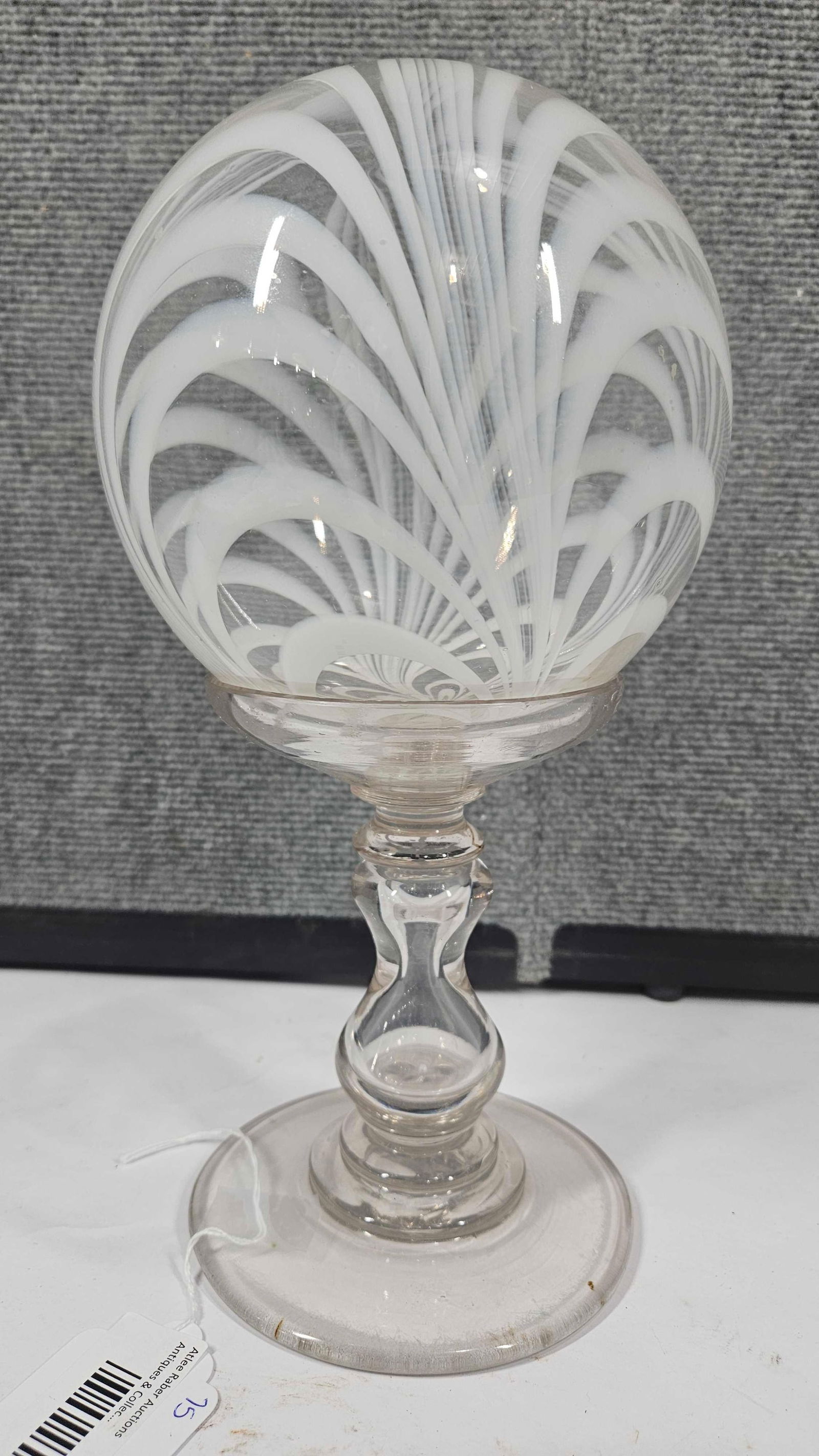HAND BLOWN ART GLASS WHITE STRIPED BALL W STAND (1 of 2)