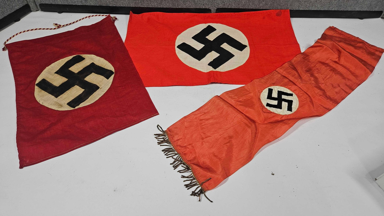GERMAN SWASTIKA FLAGS AND SILK SCARF: 16 X12, 20 X 12.