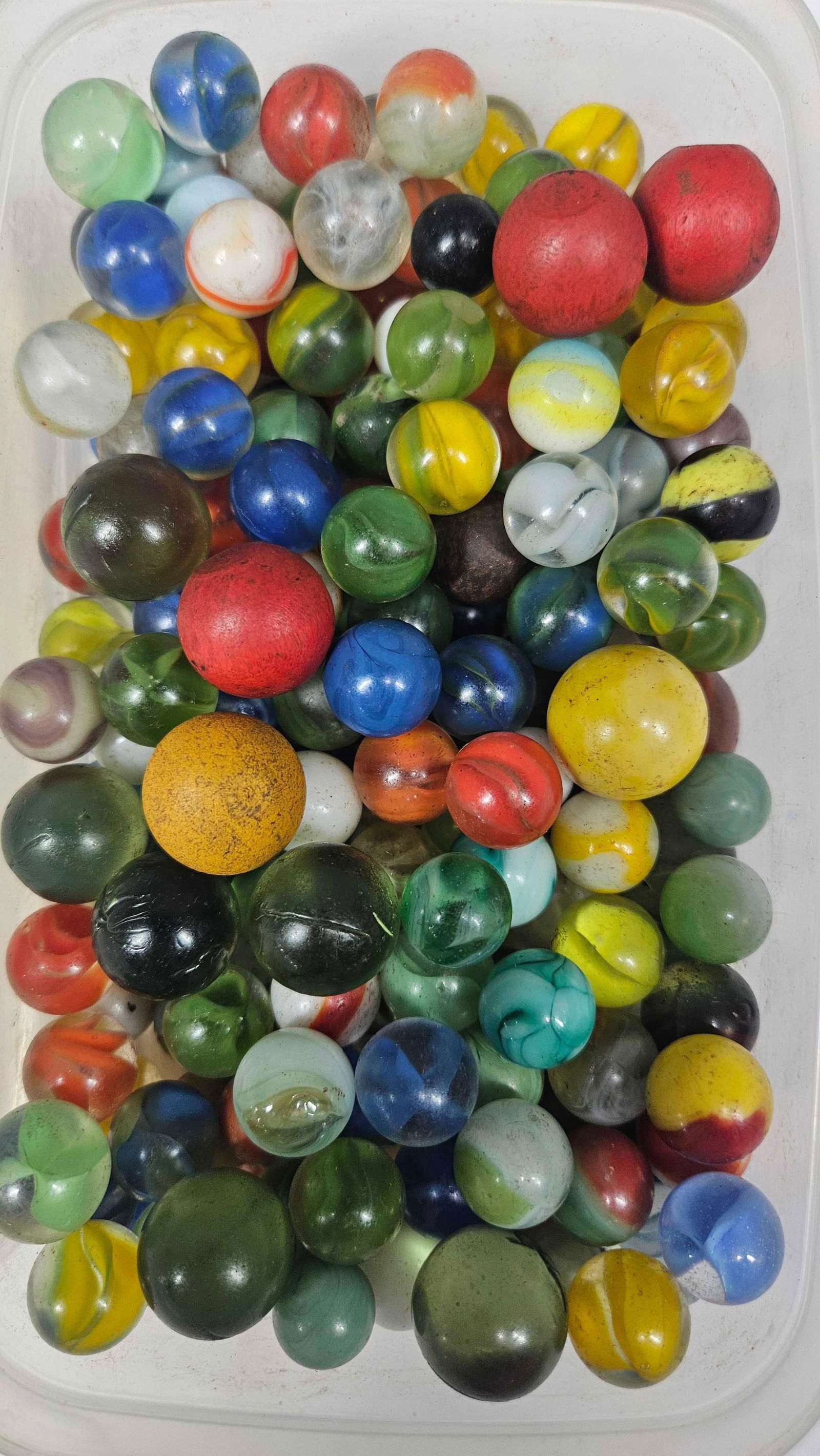 LOTS OF GREAT OLDER MARBLES: SEVERAL WOODEN MARBLES ARE INCLUDED.