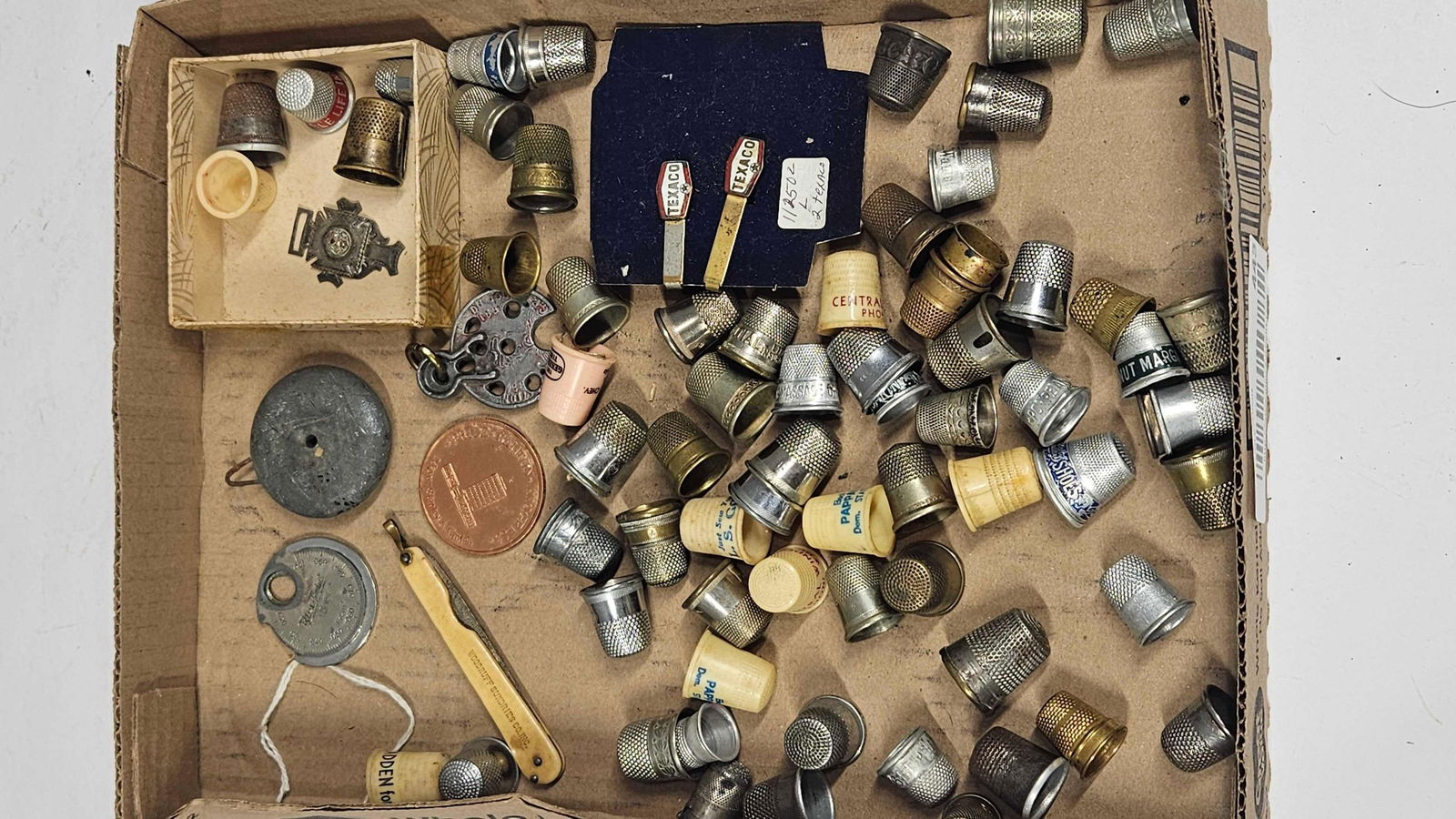 TEXACO TIE CLIPS AND MISC THIMBLES: .