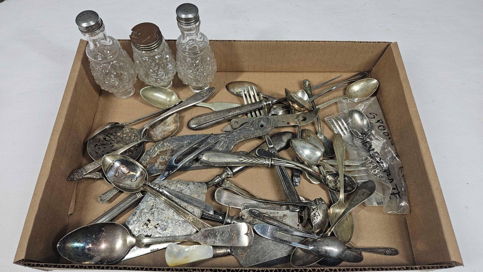 SILVER PLATED UTENSILS AND CRUET JARS: LOTS OF MISC SILVERWARE, MAY INCLUDE STERLING AS NOT ALL HAVE BEEN CHECKED