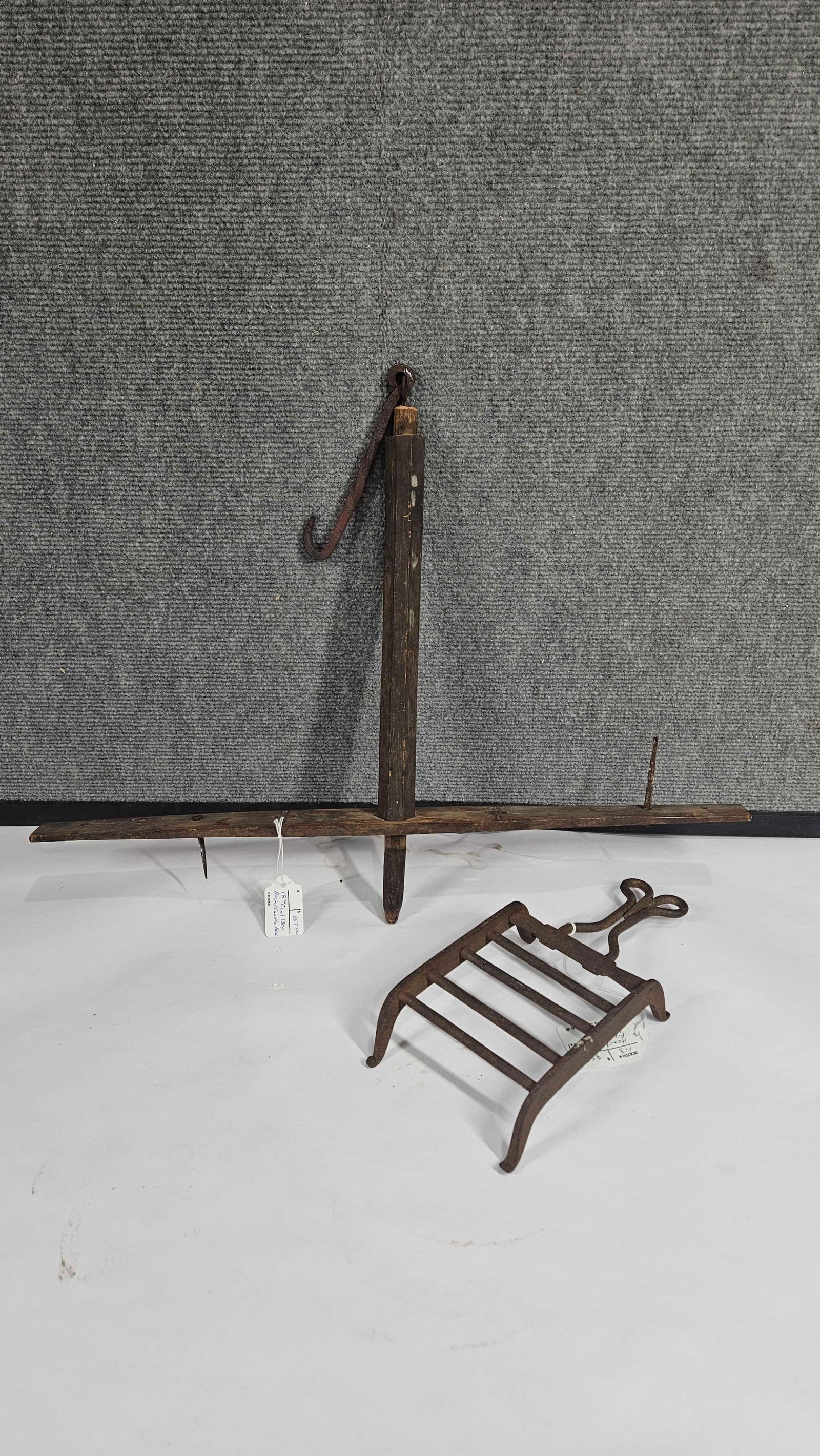 18TH CENTURY CANDLE HOLDER AND HEARTH FIREPLACE TRIVET: WOODEN CANDLE HOLDER IS 15 X 21.