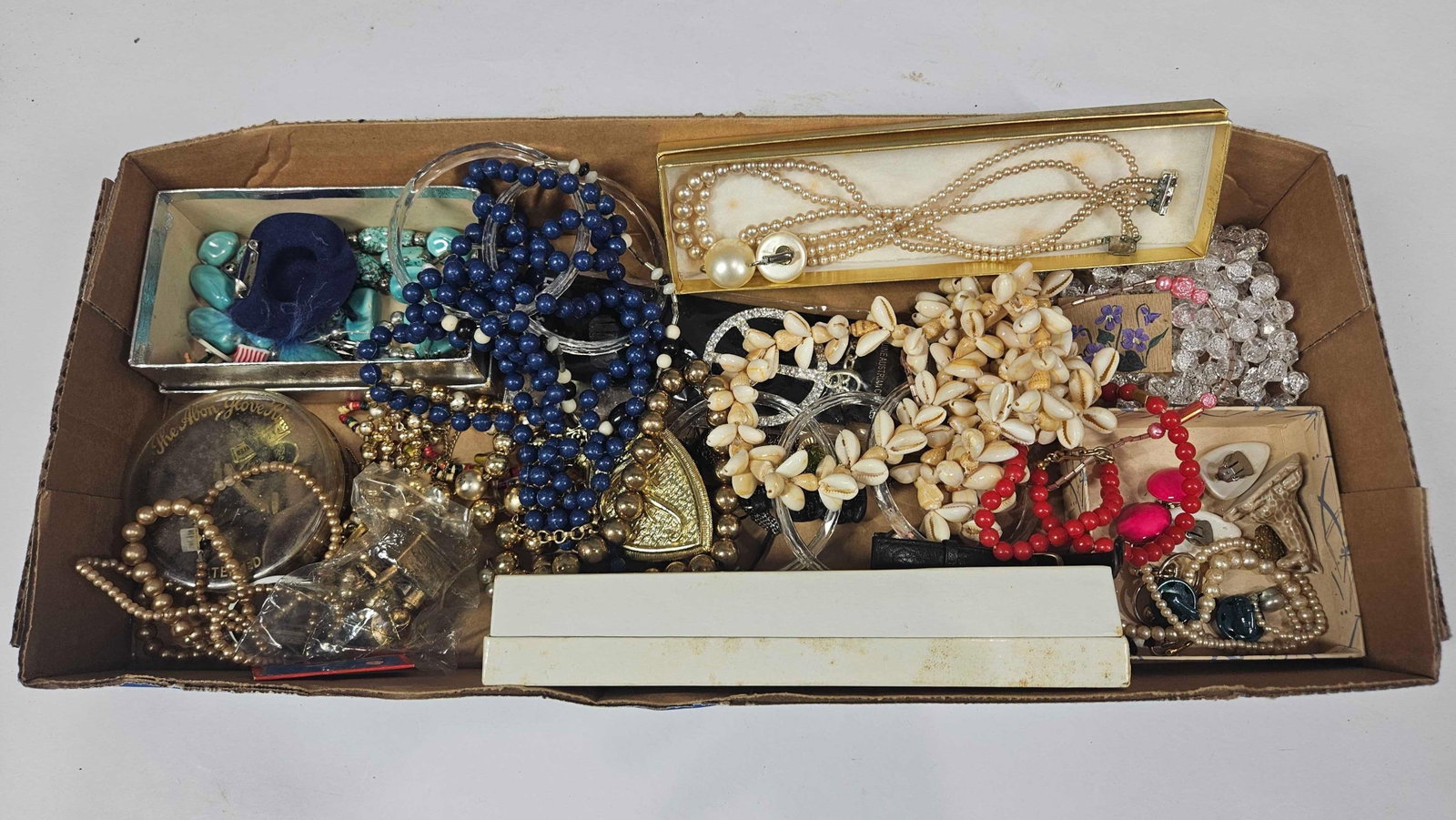 PEARLS, NECKLACE SETS, GLASS BEADS, WATCHES AND JEWELRY: THIS LOT HAS NOT BEEN THOROUGHLY GONE THRU AND MAY CONTAIN TREASURES SUCH AS SILVER AND GOLD.