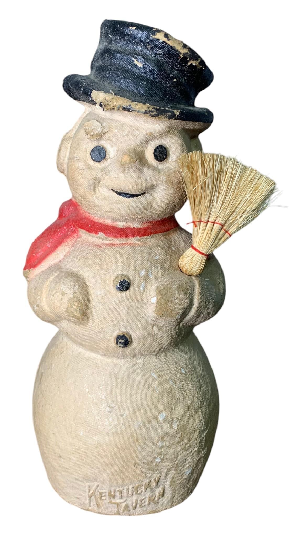 Early Papier Mache Large Size Kentucky Tavern Snowman Decoration: 13" tall with replaced broom, some age and wear to the materials, in sound condition.