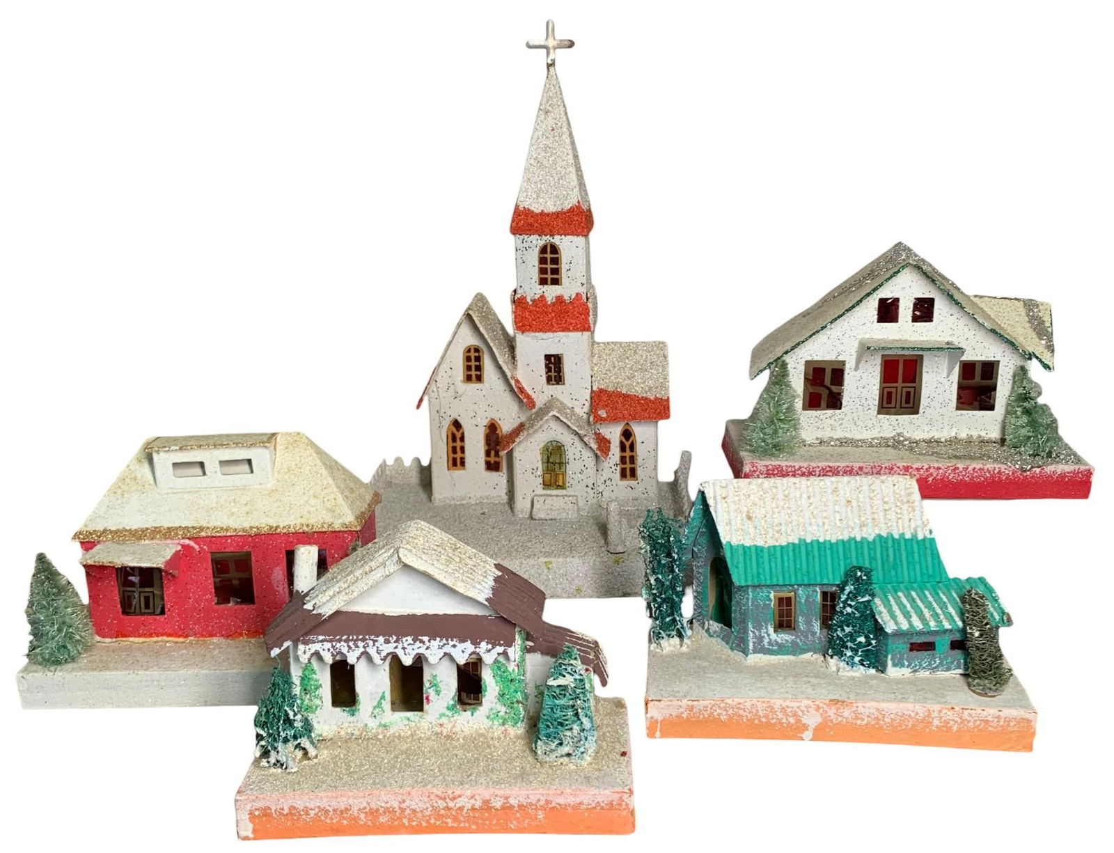5 pc Vintage PUTZ Glittered Under the Tree Train Village Vignette Chapel & Houses Lot (1 of 13)