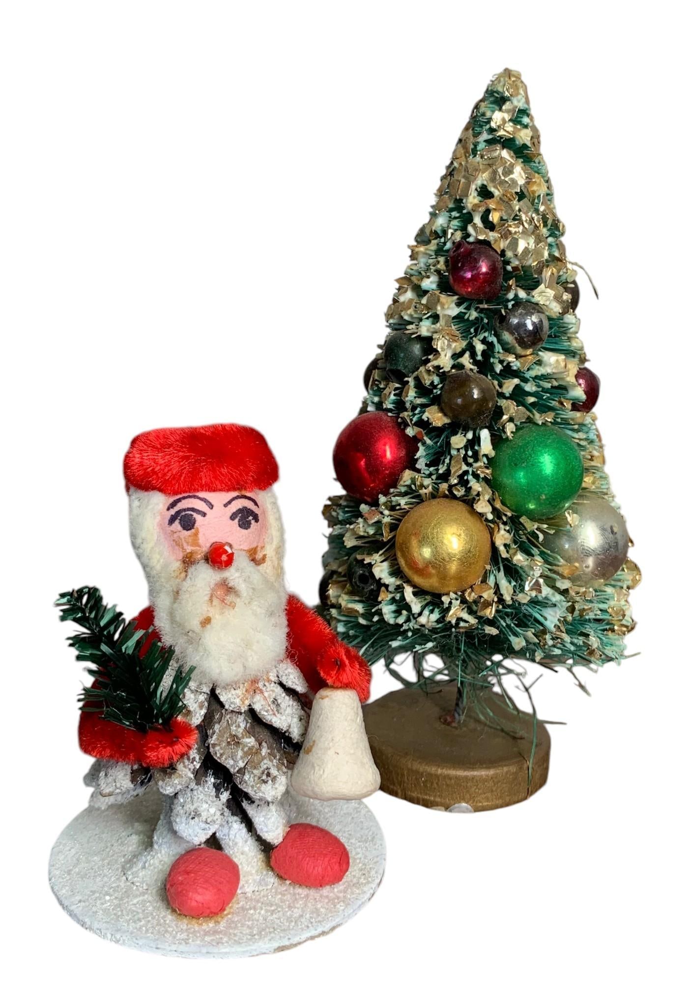 Napco Mercury Glass Mica Glitter PUTZ Bottle Tree & Pinecone Chenille Santa PUTZ Village Decoration (1 of 5)