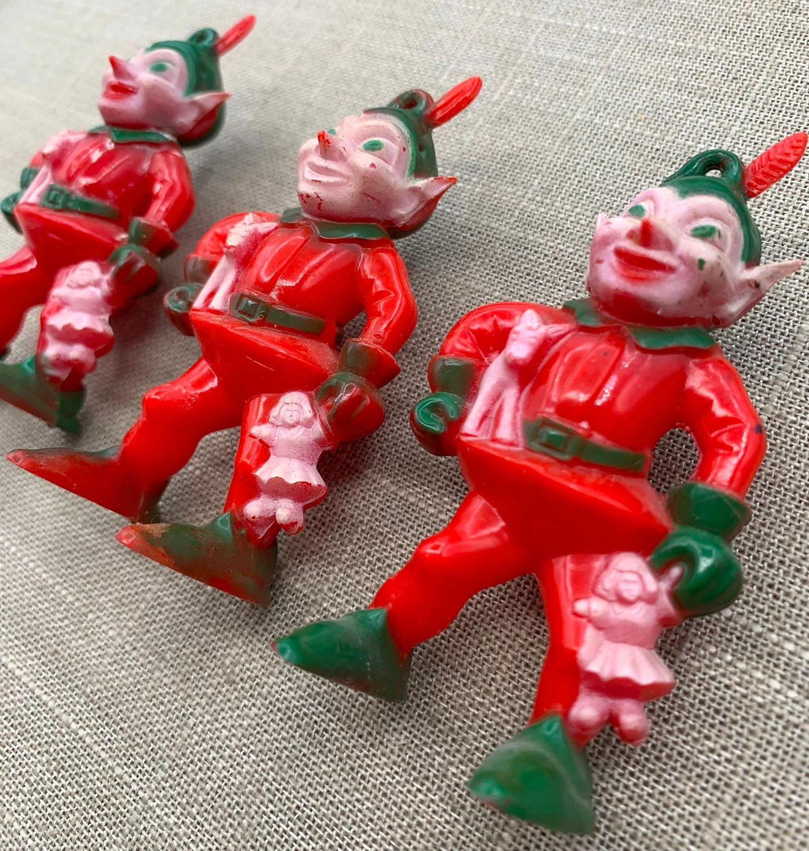 3 Mid Century ROSBRO Hard Plastic Christmas Elf Ornaments (1 of 8)