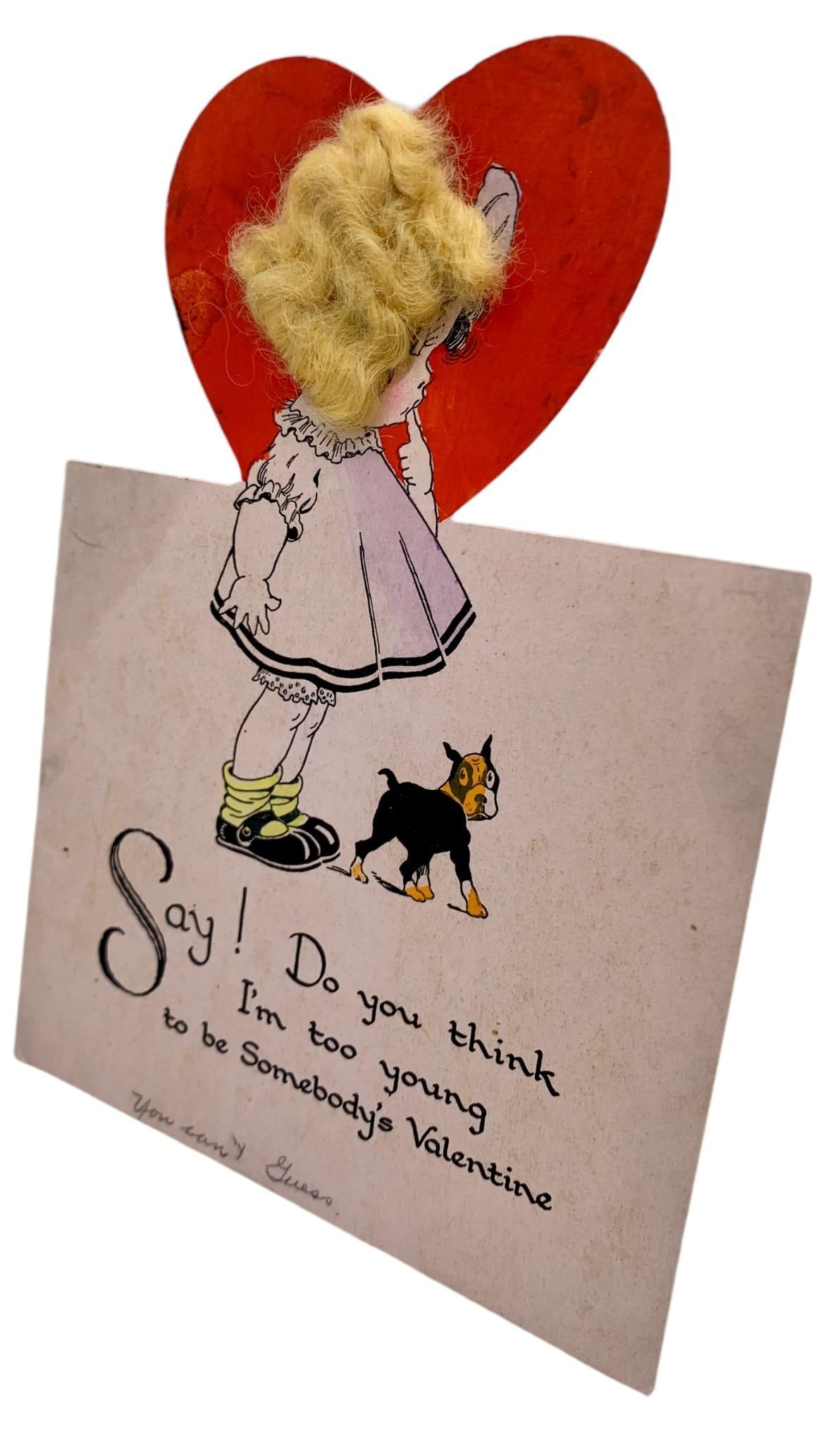 Trio of Vintage 30s era Valentine Cards, 1 Stand up: 6 7/8" to 7 1/2" tall, one with a stand up easel, hand writing on the paper with some old paper residue on 2.