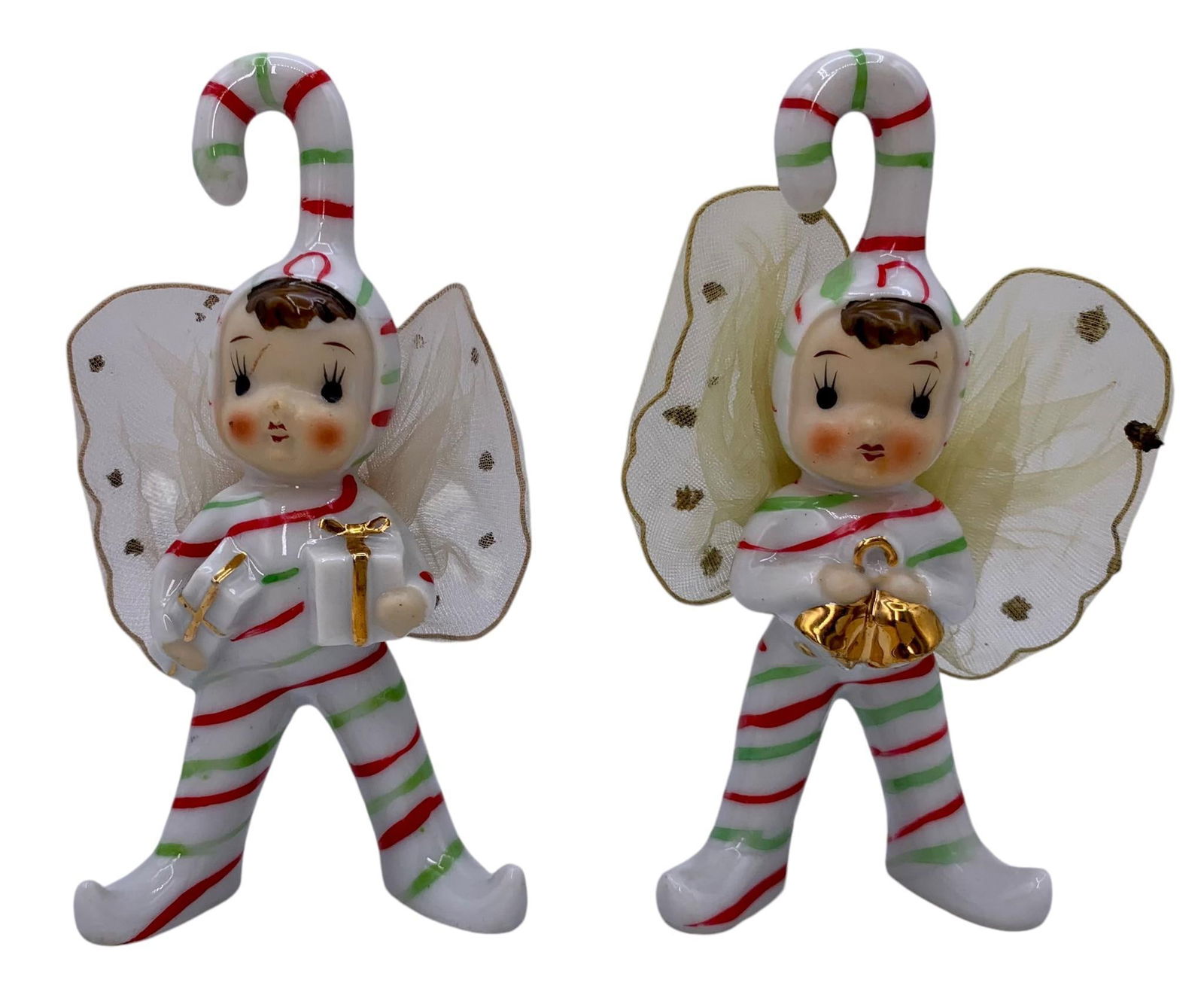 2 1950s JAPAN Vintage Porcelain Christmas Candy Cane Fairy Tree Ornament Decorations (1 of 10)