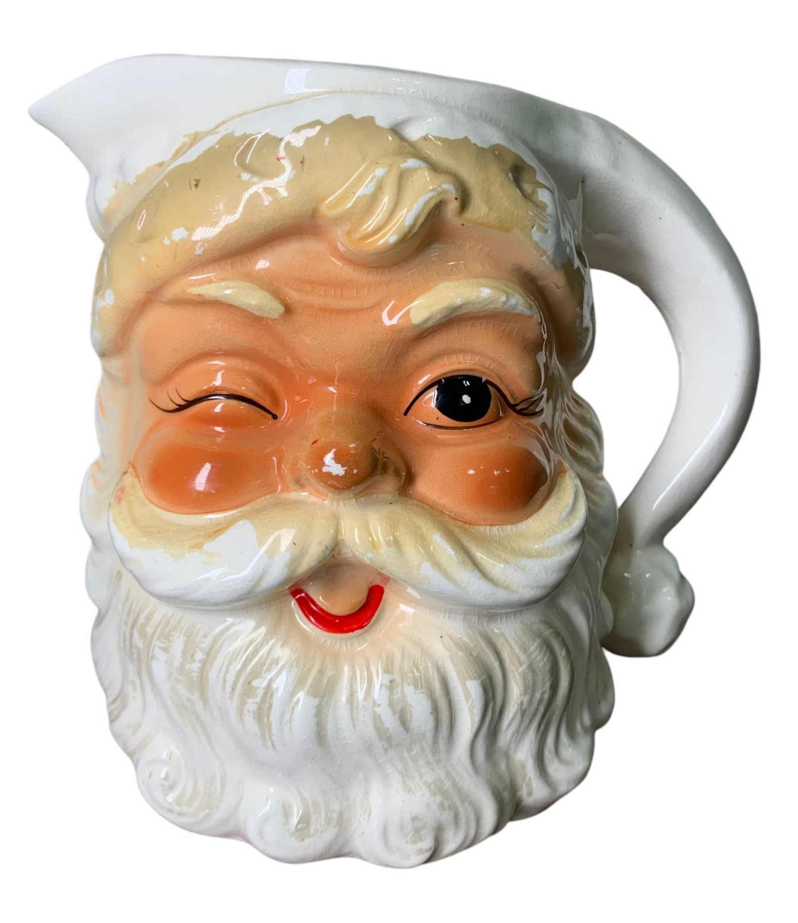 Mid Century Winking Santa Christmas Eve Ceramic Milk Pitcher: 6" x 6" x 4 1/4", some color loss, unusual neutral hue, structurally sound.