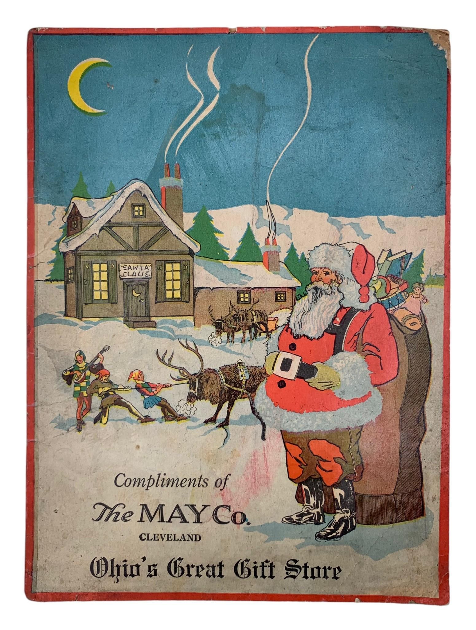 Early The May Co. Cleveland Ohio's Great Gift Store Children's Christmas Booklet: 10 3/4" x 8 1/4", some age and wear to the paper, hand scribbled coloring on some of the activity pages, stapled binding with the center pages pulled away from the cover as shown..