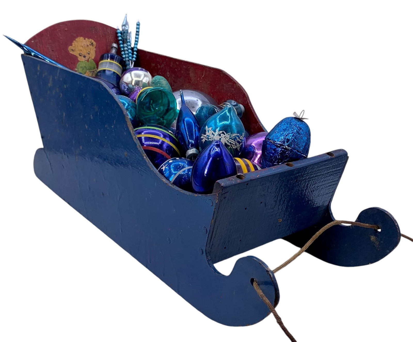 25 Vintage Mercury Glass, Spun Cotton & Foiled Tree Ornaments in Early Wood Doll Sled (1 of 15)