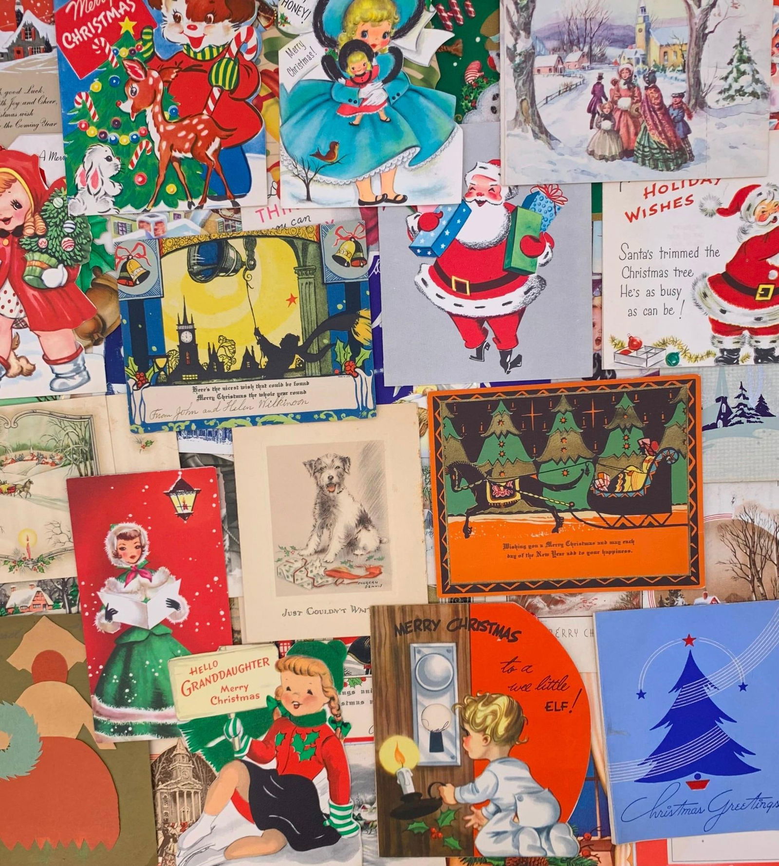 50 pc Vintage Christmas Card, Holiday Greeting Cards, Lot: Varied sizes and eras, vibrant colors with foiled detail, hand written notations.