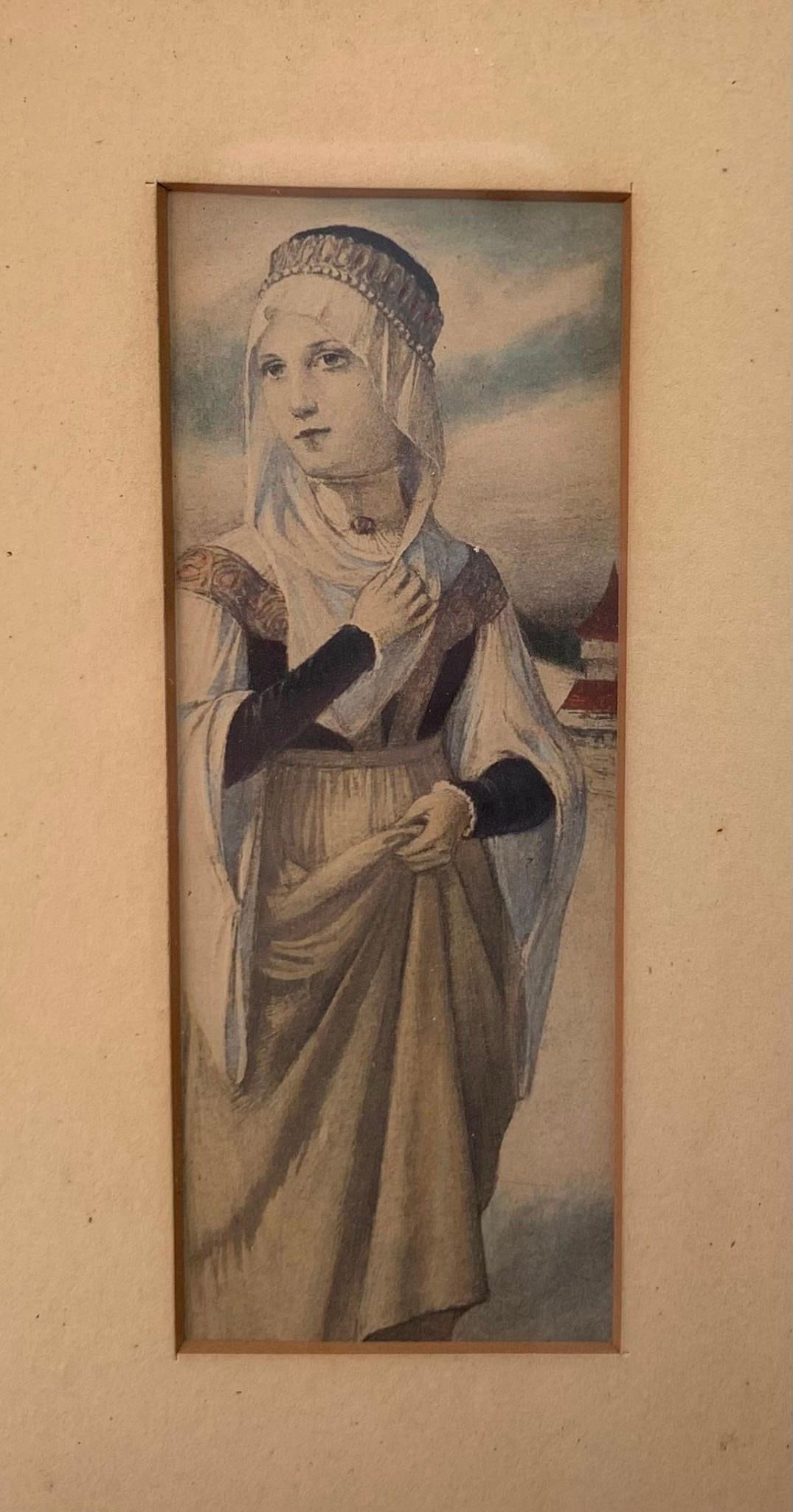 Beautiful Antique Medieval Framed Beauty Lithograph, Wood Frame & Wavy Glass: 8 1/2" x 6 3/4" x 1/2", soft muted coloring, exquisite features with age to the frame and paper backing.