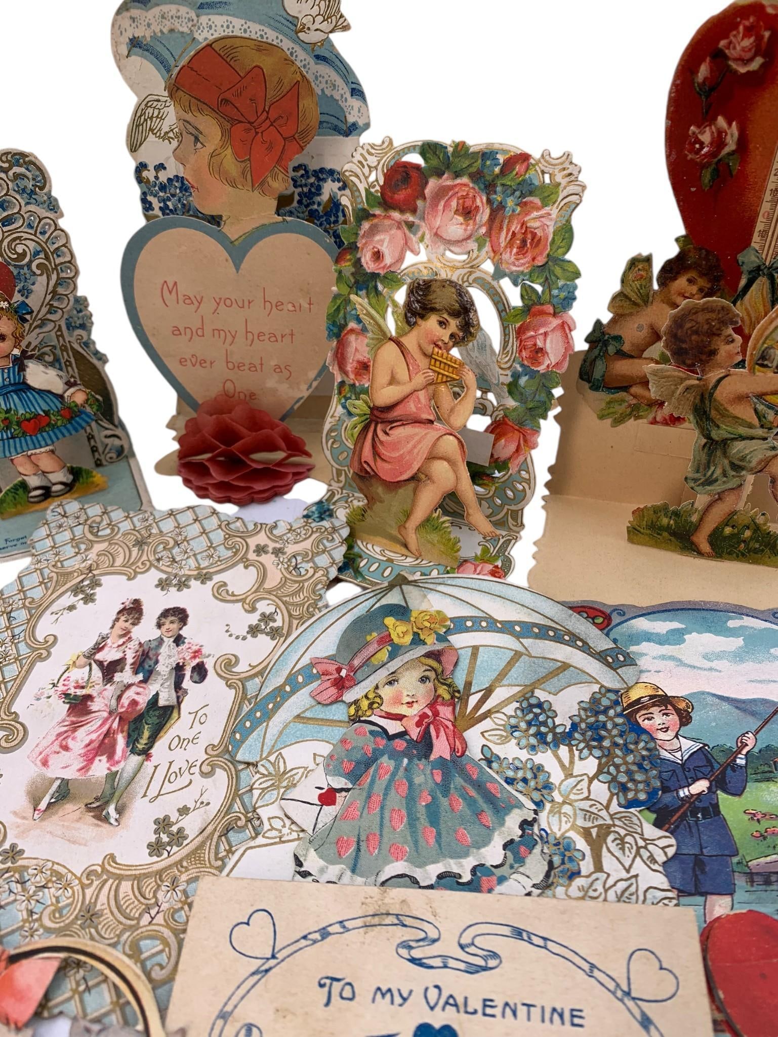 8 Vintage Stand-Up, Honeycomb, Valentine Cards: 3" to 6", varied sizes and designs, light wear to the paper, hand writing on the rear.