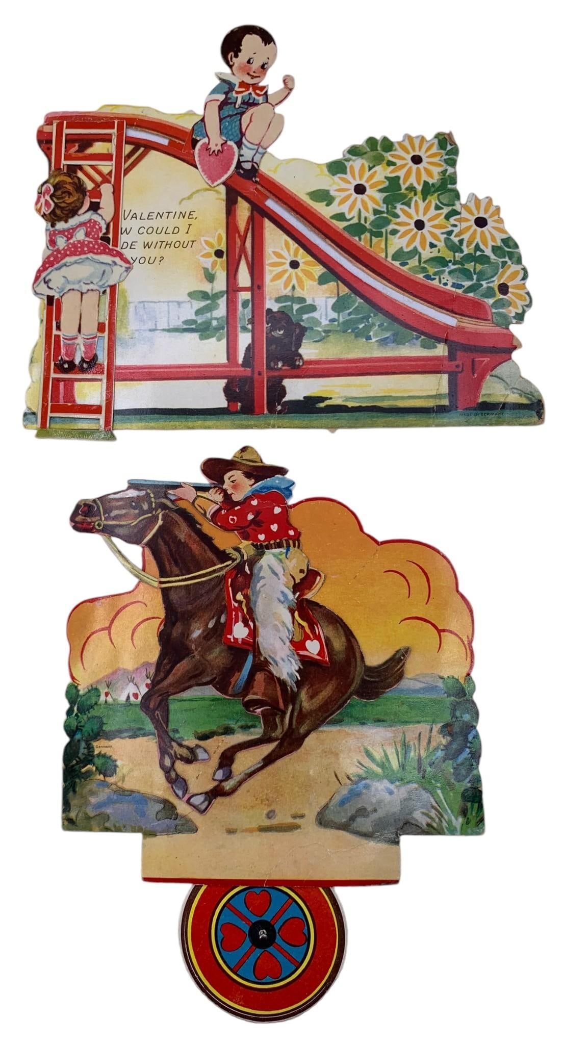 2 Large 1930s era Mechanical Valentines: 9" to 9 1/2", vivid coloring, old paper residue on the rear of the cowboy valentine, hand writing.