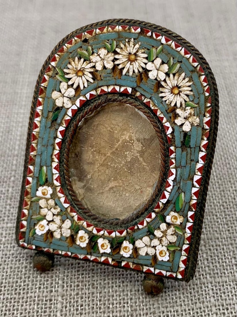 Antique 19th Century Italian Micro Mosaic Inlaid Floral Glass & Brass Miniature Picture Frame (1 of 7)