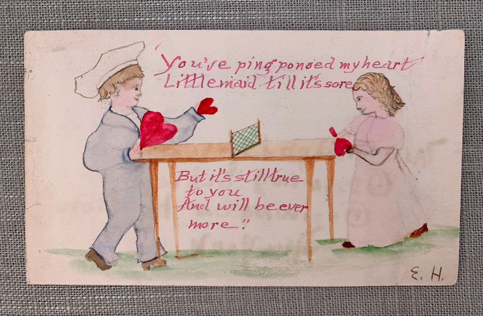 c1907 Hand Painted Watercolor Ping-Pong Valentine Sweetheart Postcard: Postmark and stamp, light wear and age to the paper, 5 1/2" x 3 1/2".