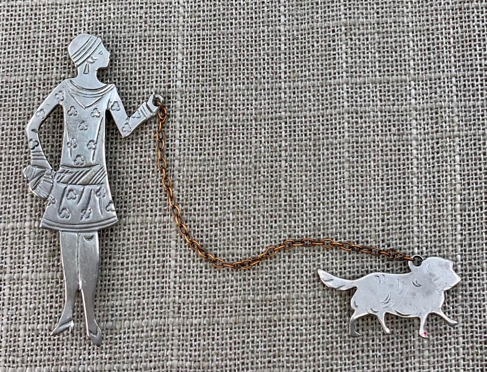 Unusual 1920s Embossed Figural Flapper Walking Her Dog 2 pc C Clasp Brooch (1 of 5)