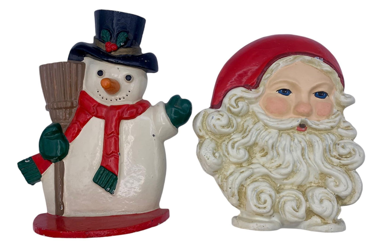 2 Cast Iron Santa Claus & Snowman Festively Painted Doorstops: Hefty in weight, richly painted, 8" to 9", structurally sound.